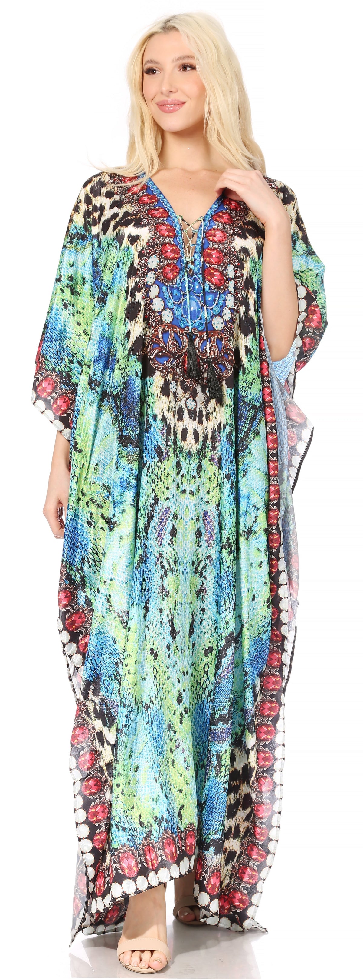 Flowy Rhinestone V-Neck Caftan Dress