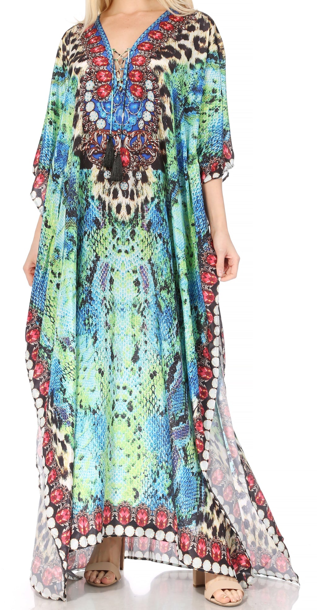 Flowy Rhinestone V-Neck Caftan Dress