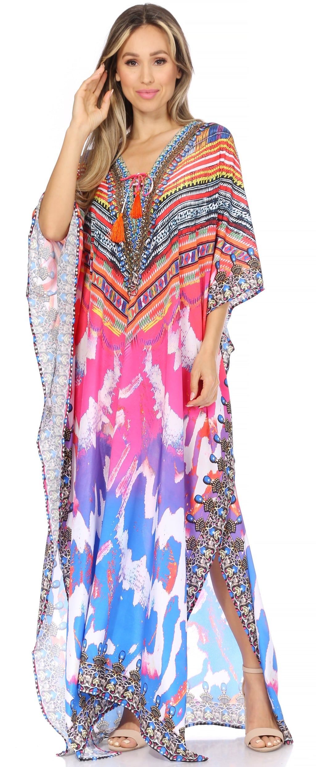 Flowy Rhinestone V-Neck Caftan Dress