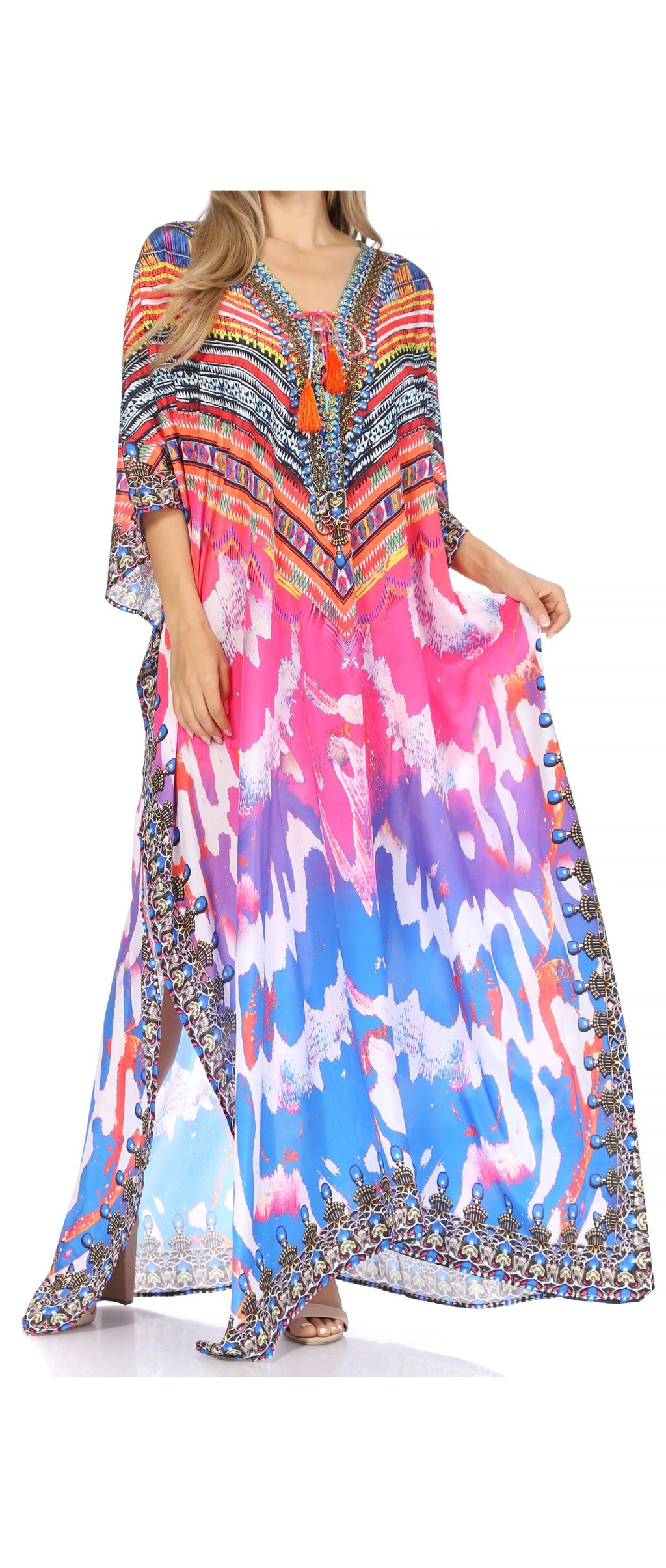 Flowy Rhinestone V-Neck Caftan Dress