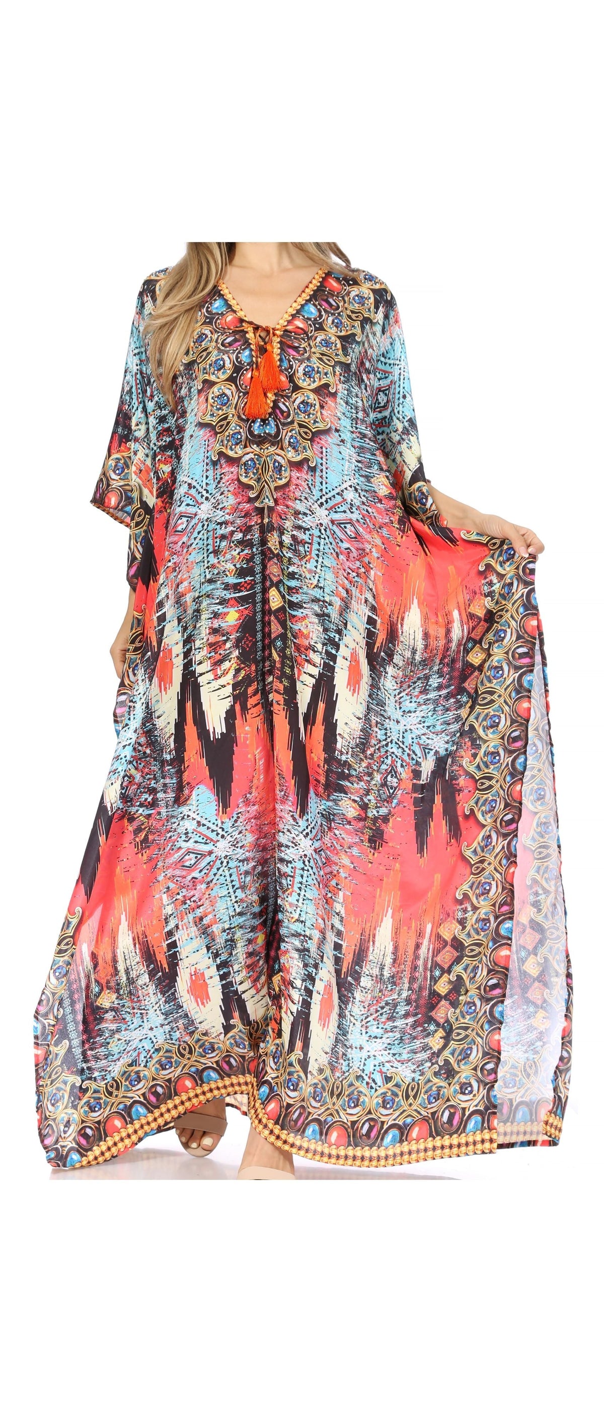 Flowy Rhinestone V-Neck Caftan Dress