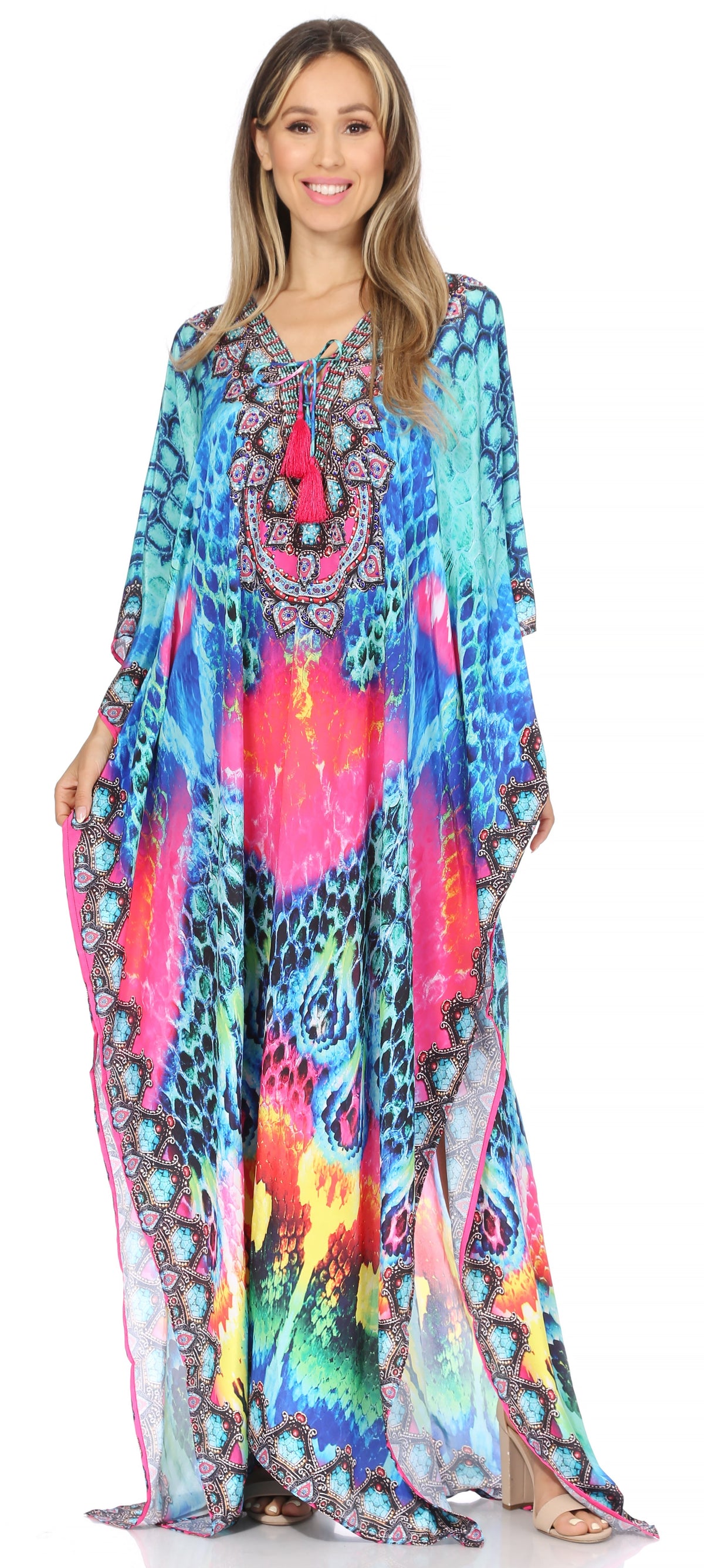 Flowy Rhinestone V-Neck Caftan Dress