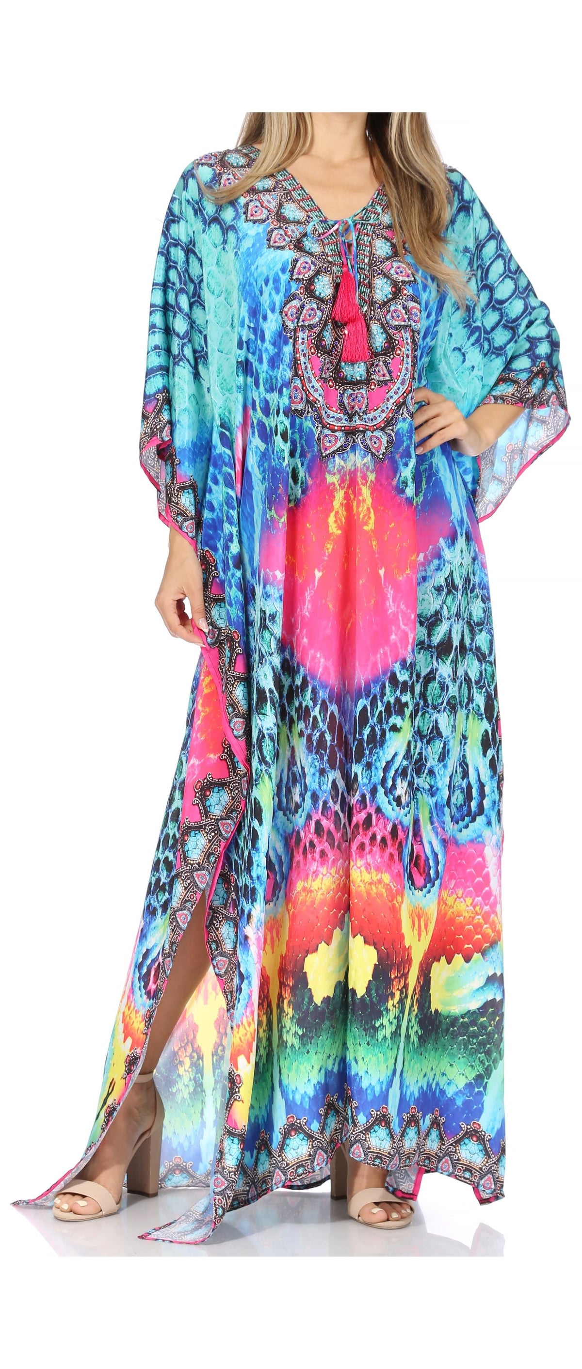 Flowy Rhinestone V-Neck Caftan Dress