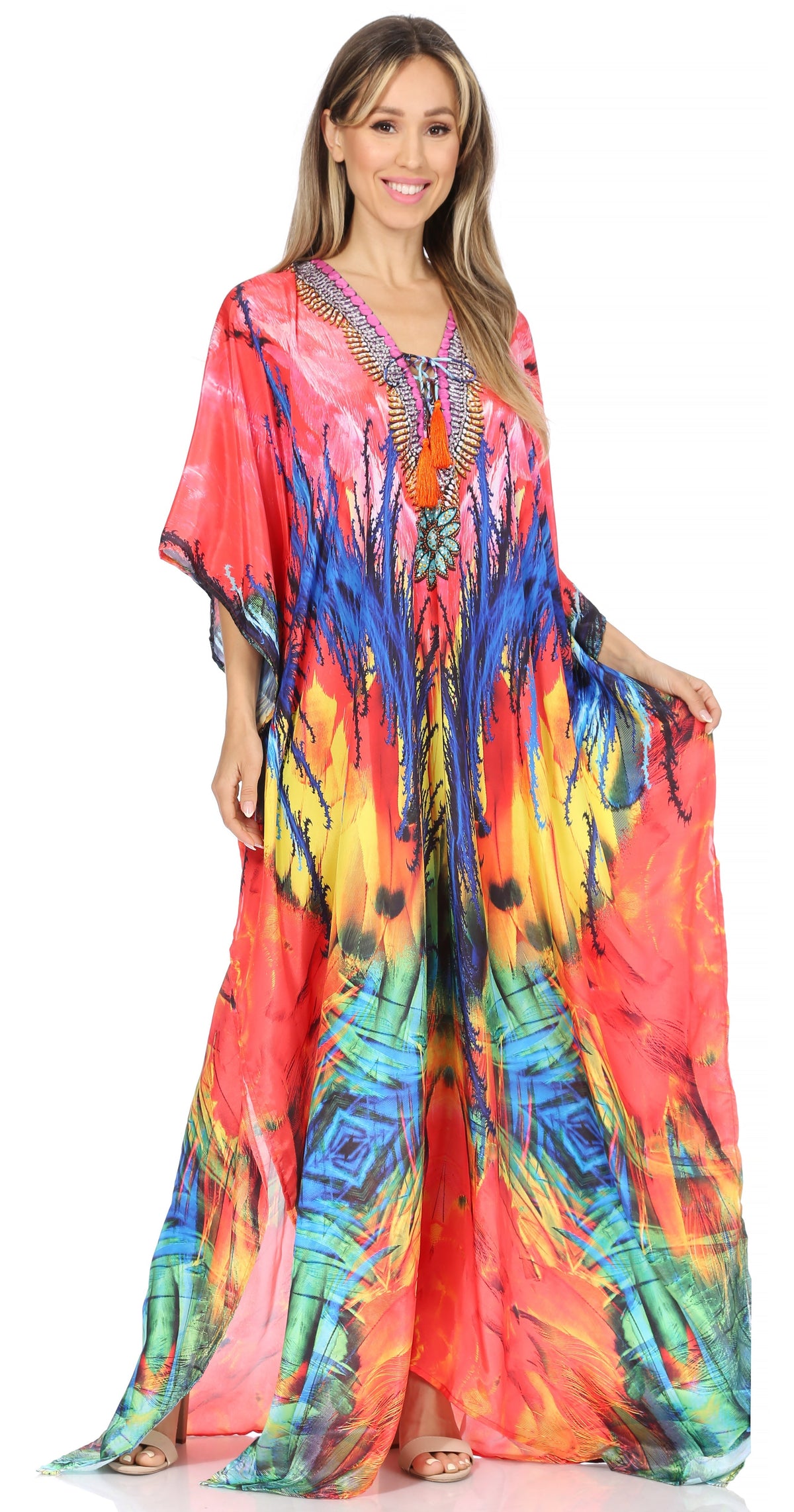 Flowy Rhinestone V-Neck Caftan Dress