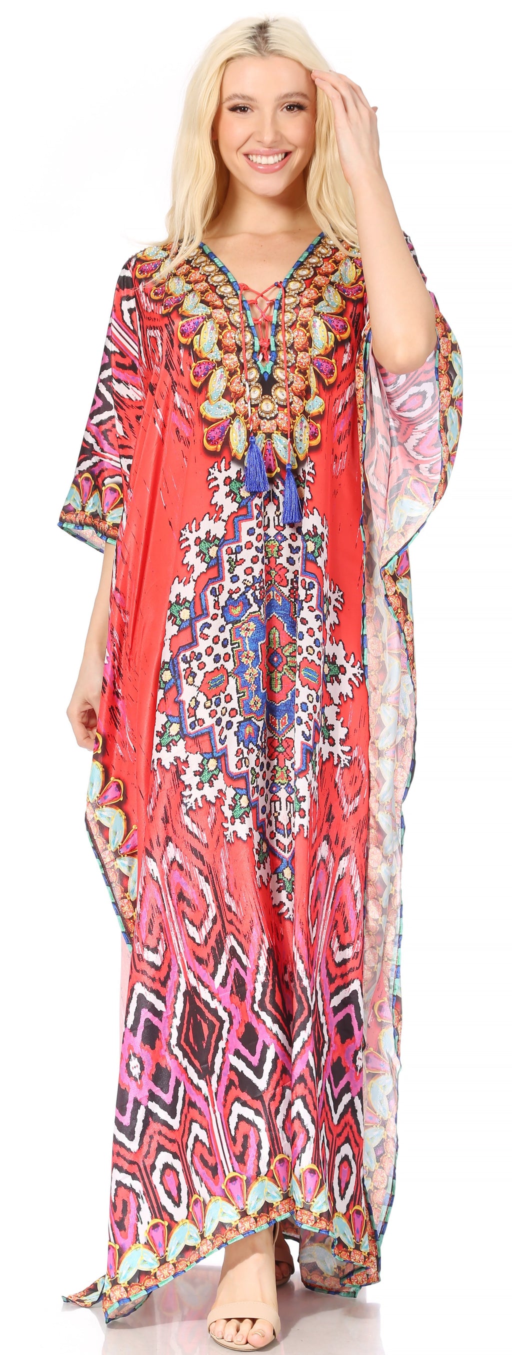 Flowy Rhinestone V-Neck Caftan Dress