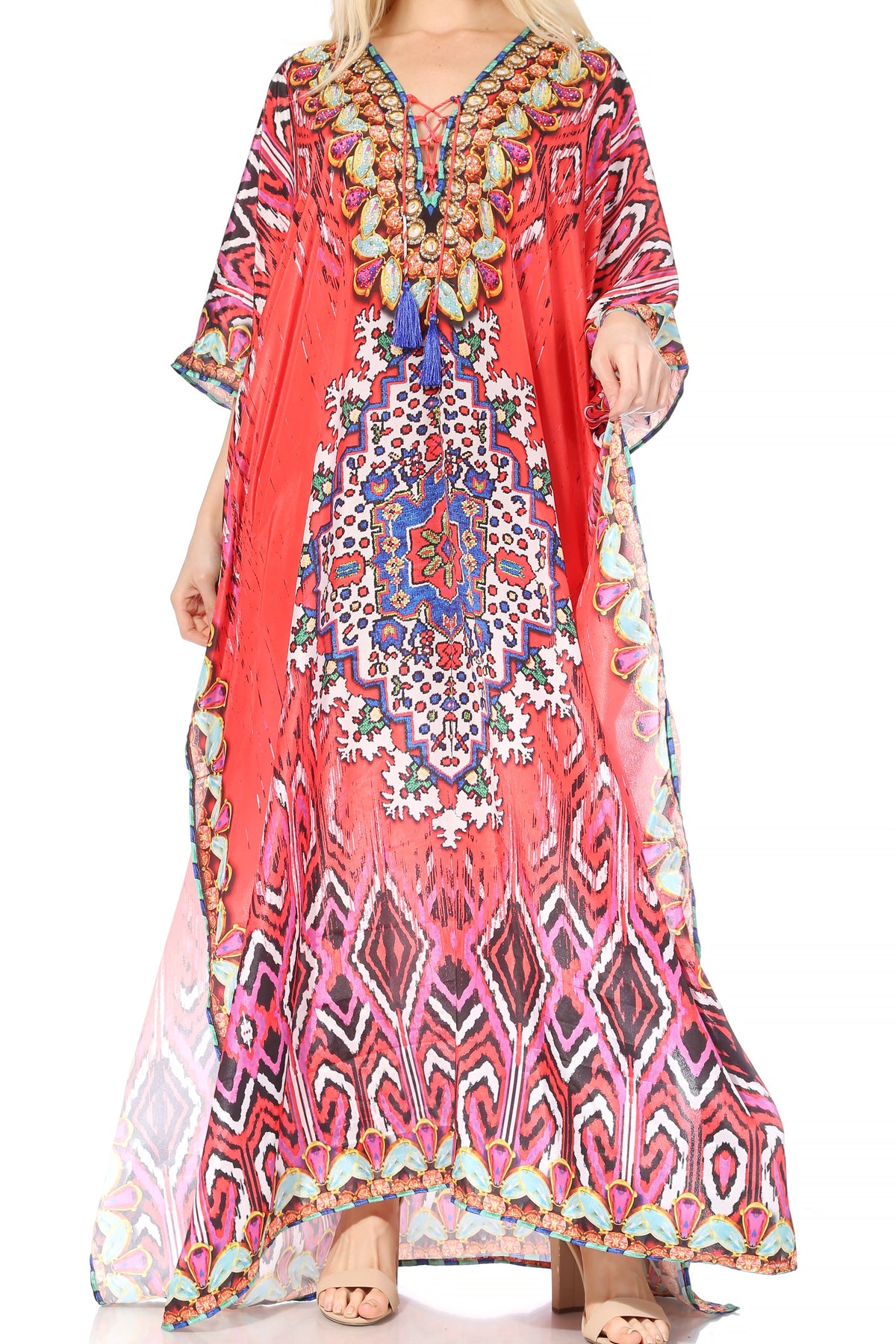 Flowy Rhinestone V-Neck Caftan Dress