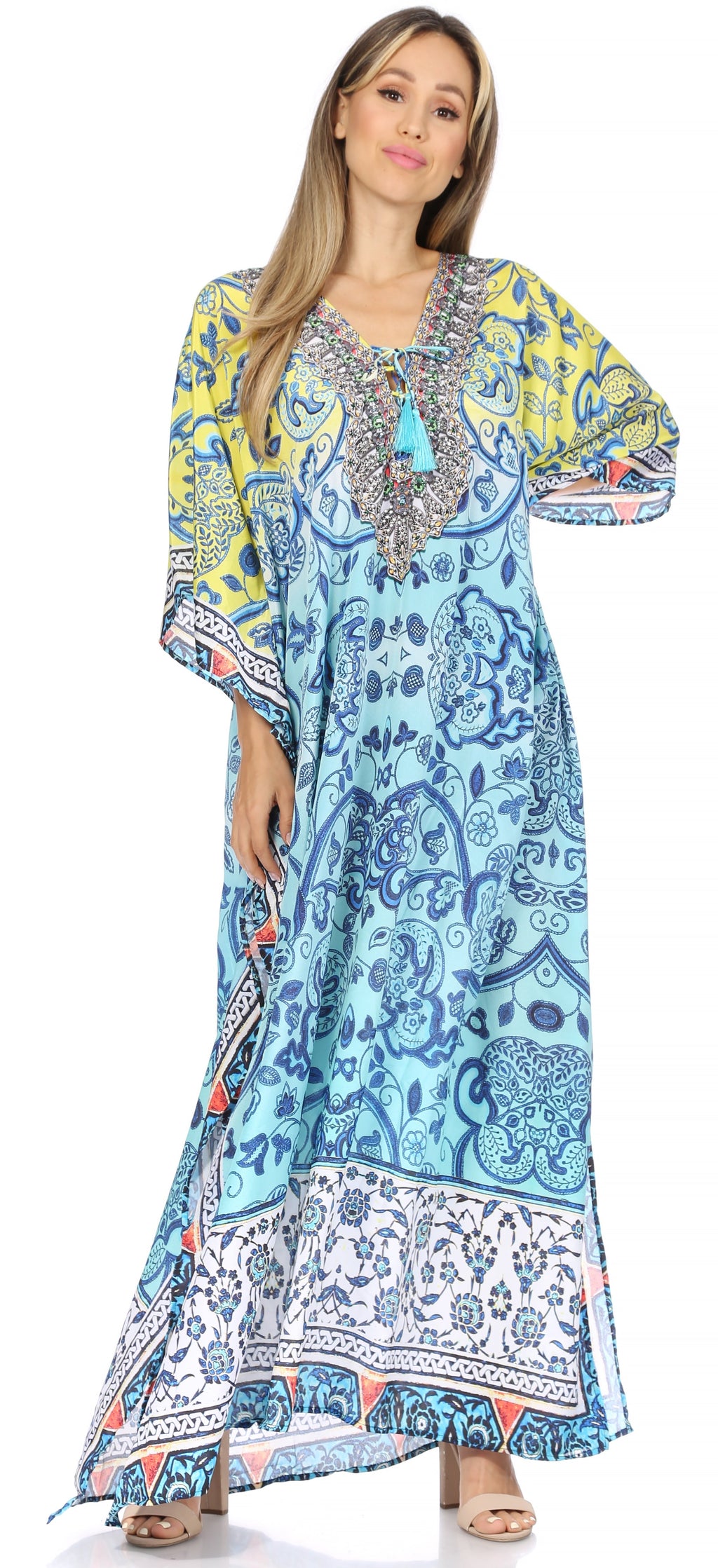 Flowy Rhinestone V-Neck Caftan Dress