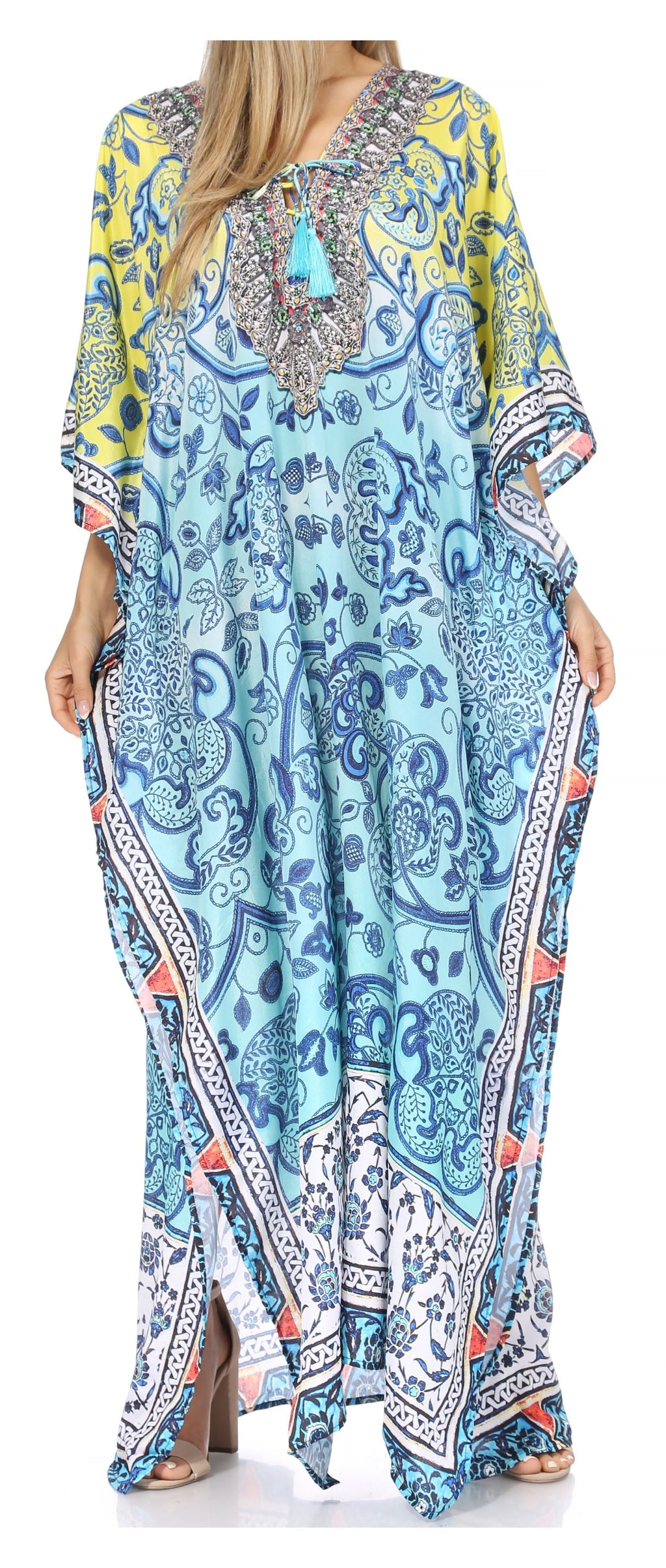 Flowy Rhinestone V-Neck Caftan Dress
