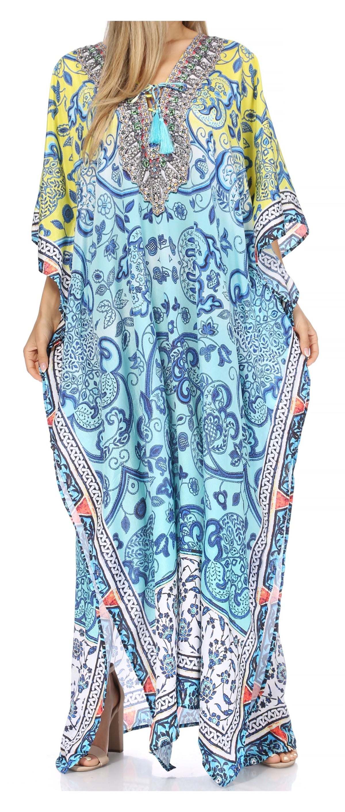 Flowy Rhinestone V-Neck Caftan Dress
