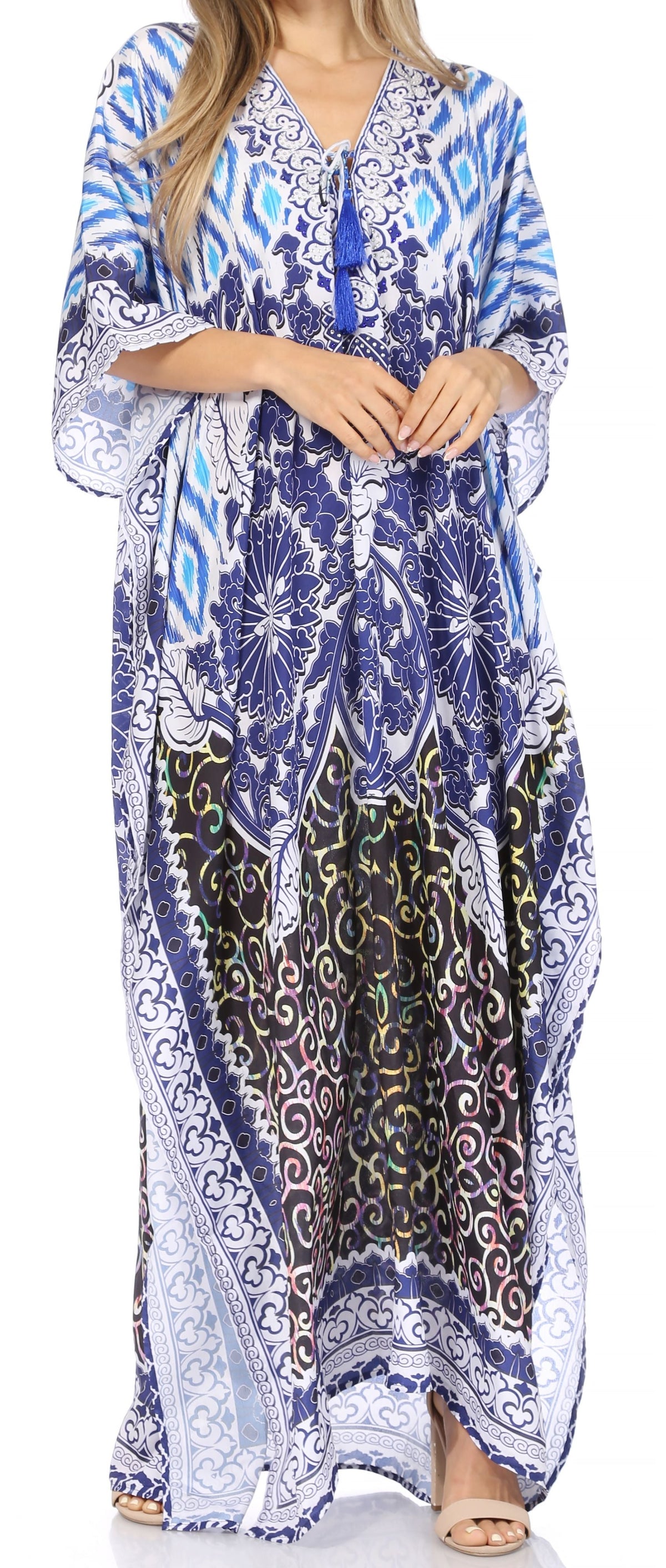 Flowy Rhinestone V-Neck Caftan Dress