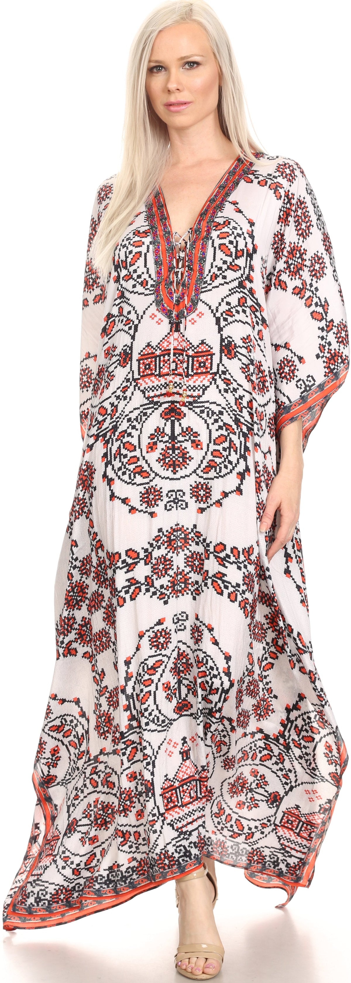 Flowy Rhinestone V-Neck Caftan Dress