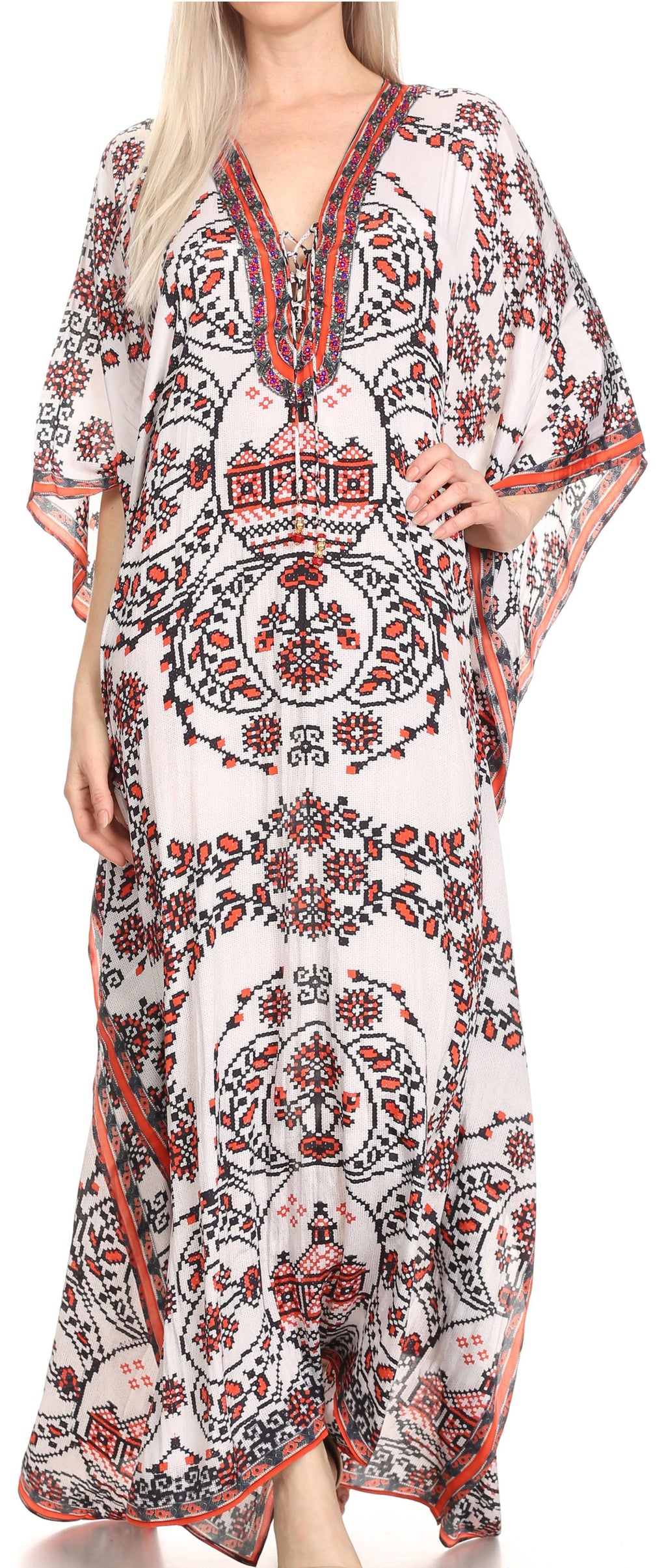 Flowy Rhinestone V-Neck Caftan Dress