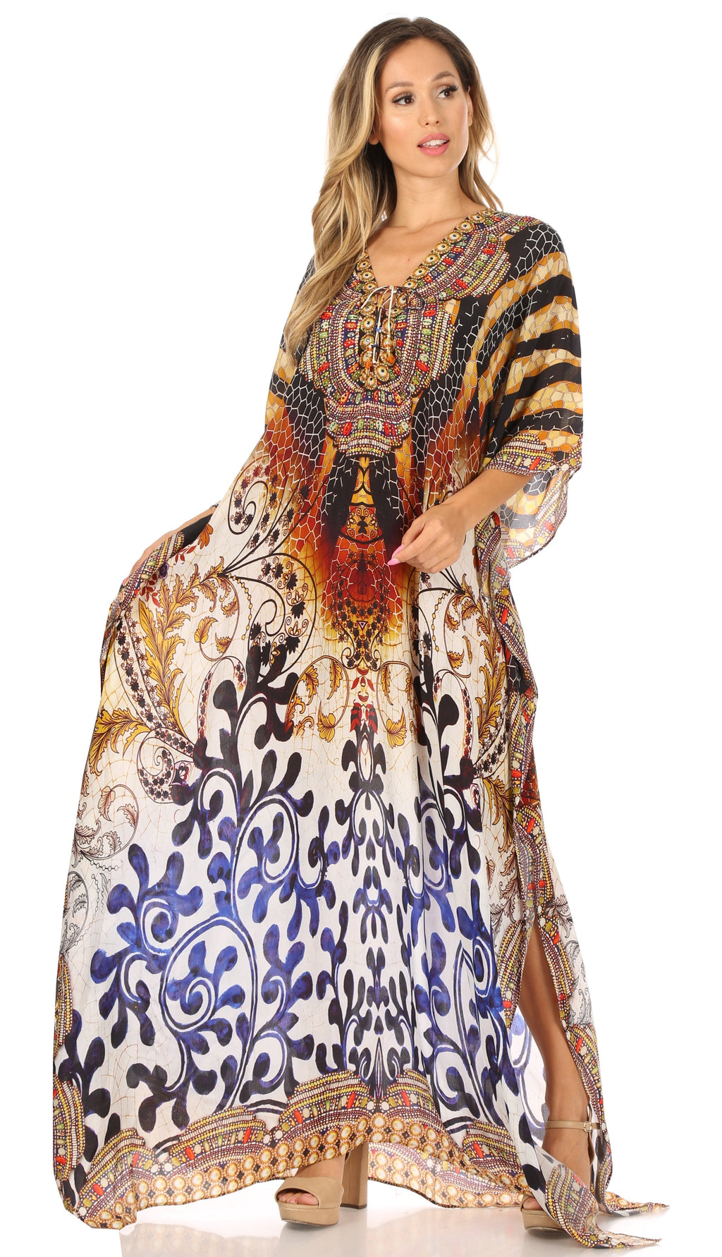 Flowy Rhinestone V-Neck Caftan Dress
