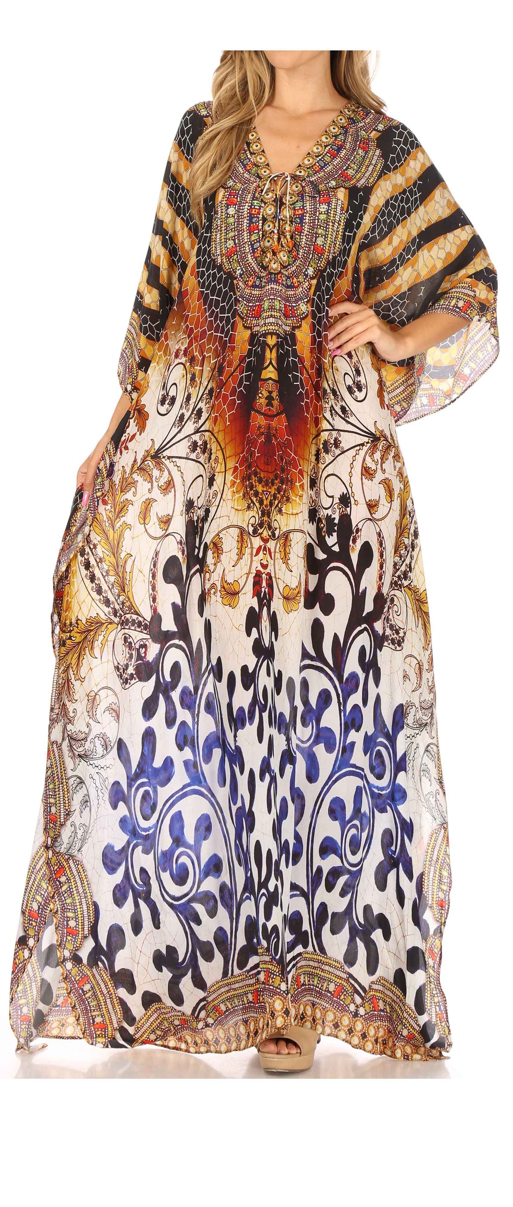 Flowy Rhinestone V-Neck Caftan Dress