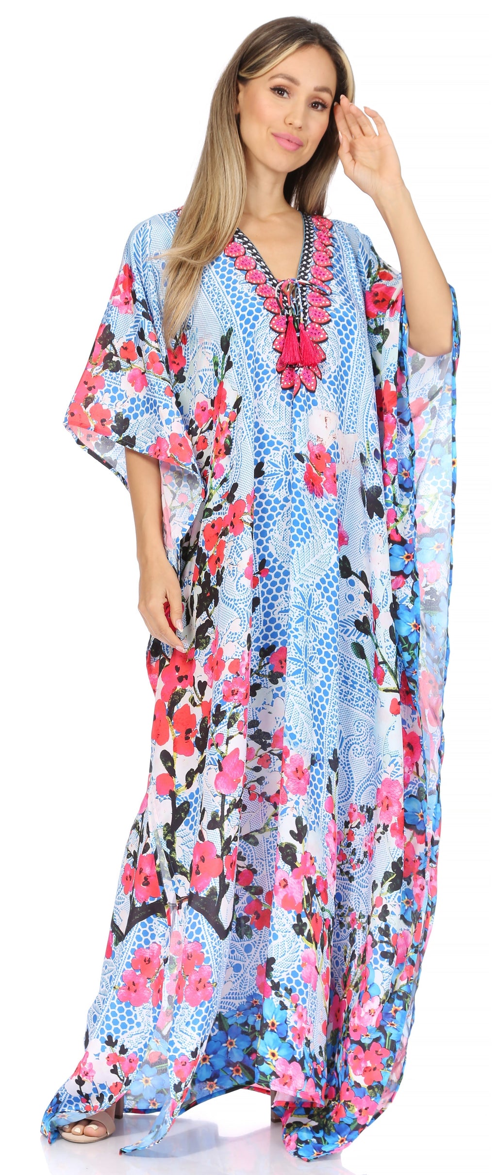 Flowy Rhinestone V-Neck Caftan Dress