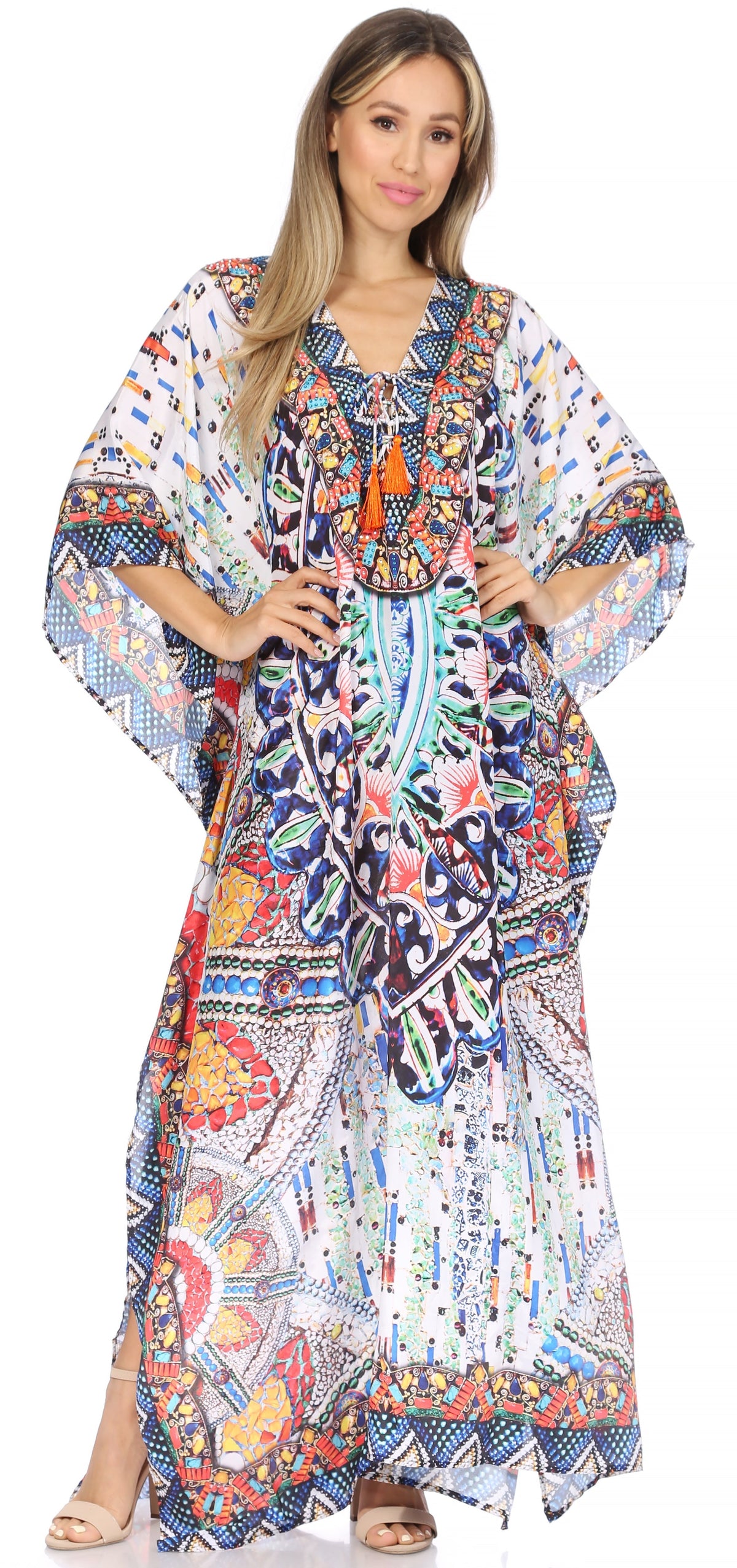 Flowy Rhinestone V-Neck Caftan Dress