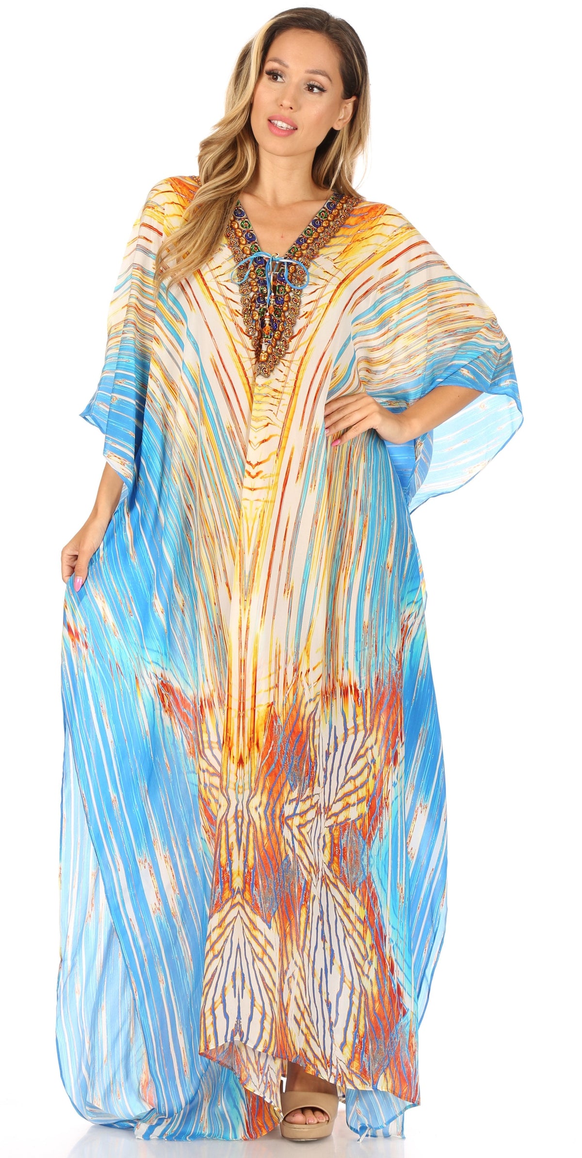 Flowy Rhinestone V-Neck Caftan Dress