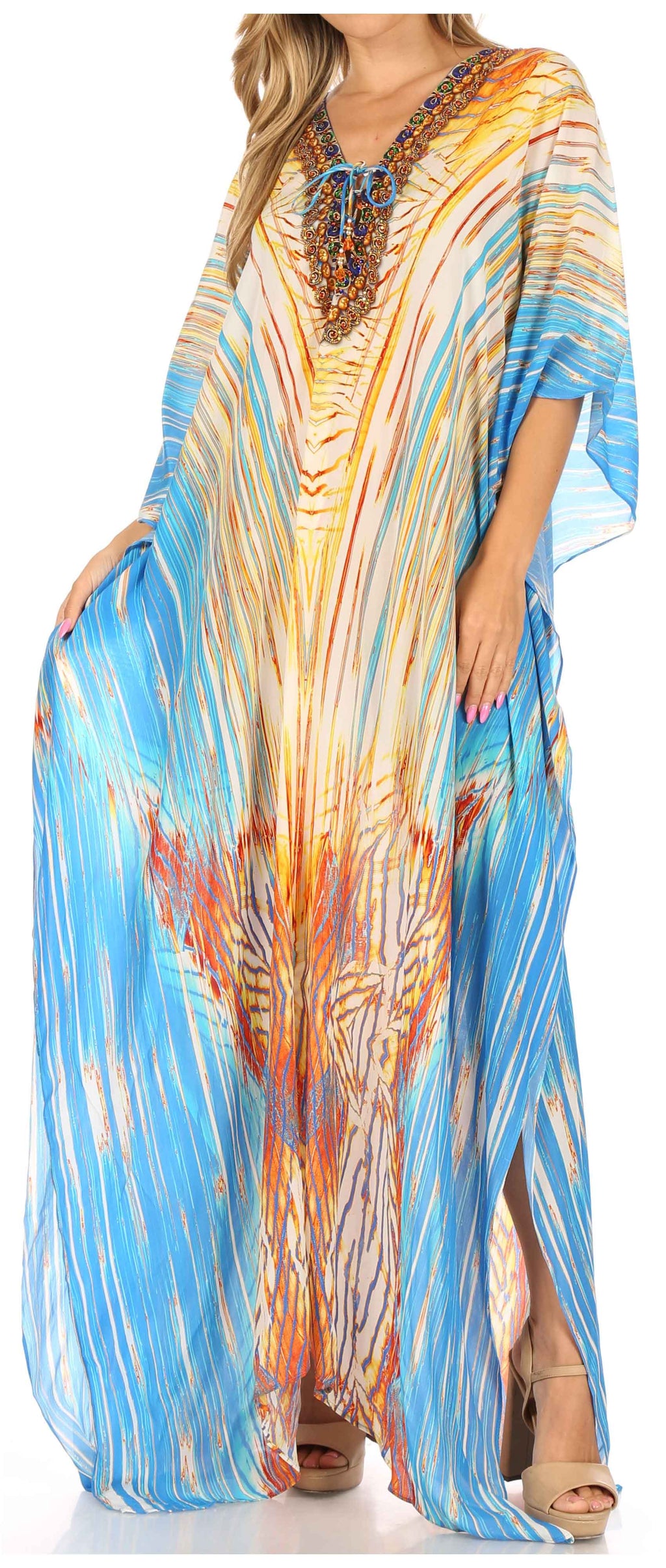 Flowy Rhinestone V-Neck Caftan Dress