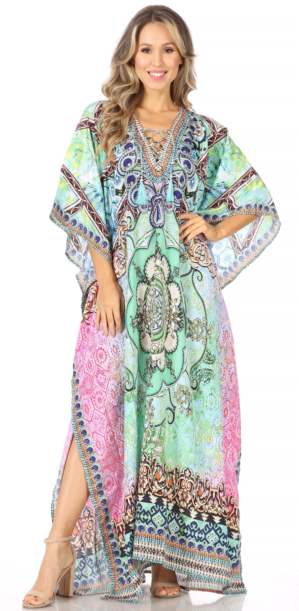 Flowy Rhinestone V-Neck Caftan Dress