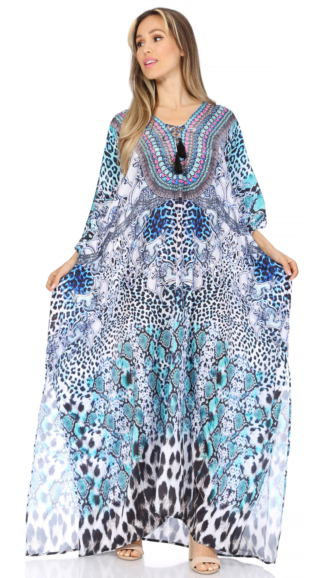 Flowy Rhinestone V-Neck Caftan Dress