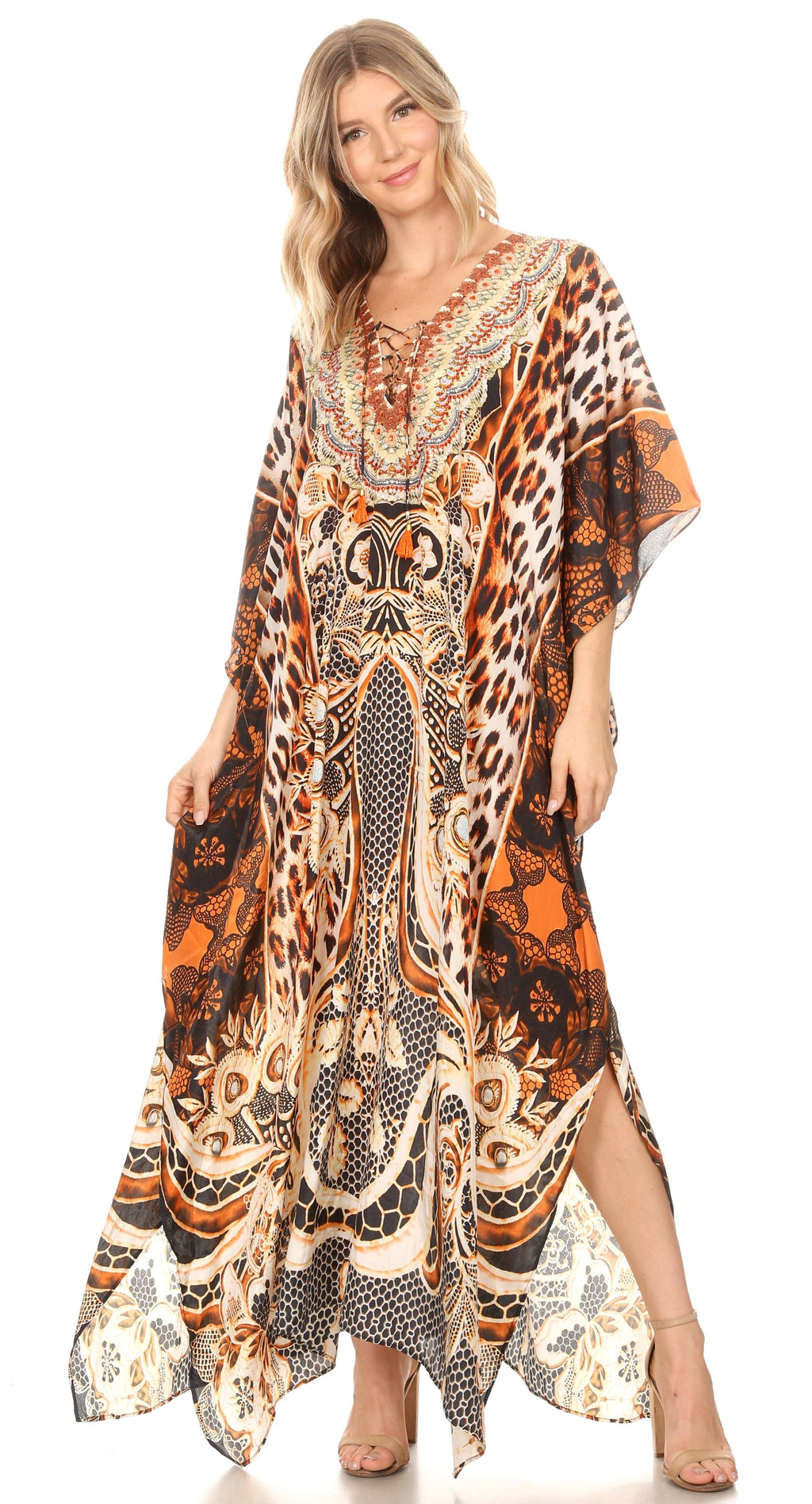 Flowy Rhinestone V-Neck Caftan Dress