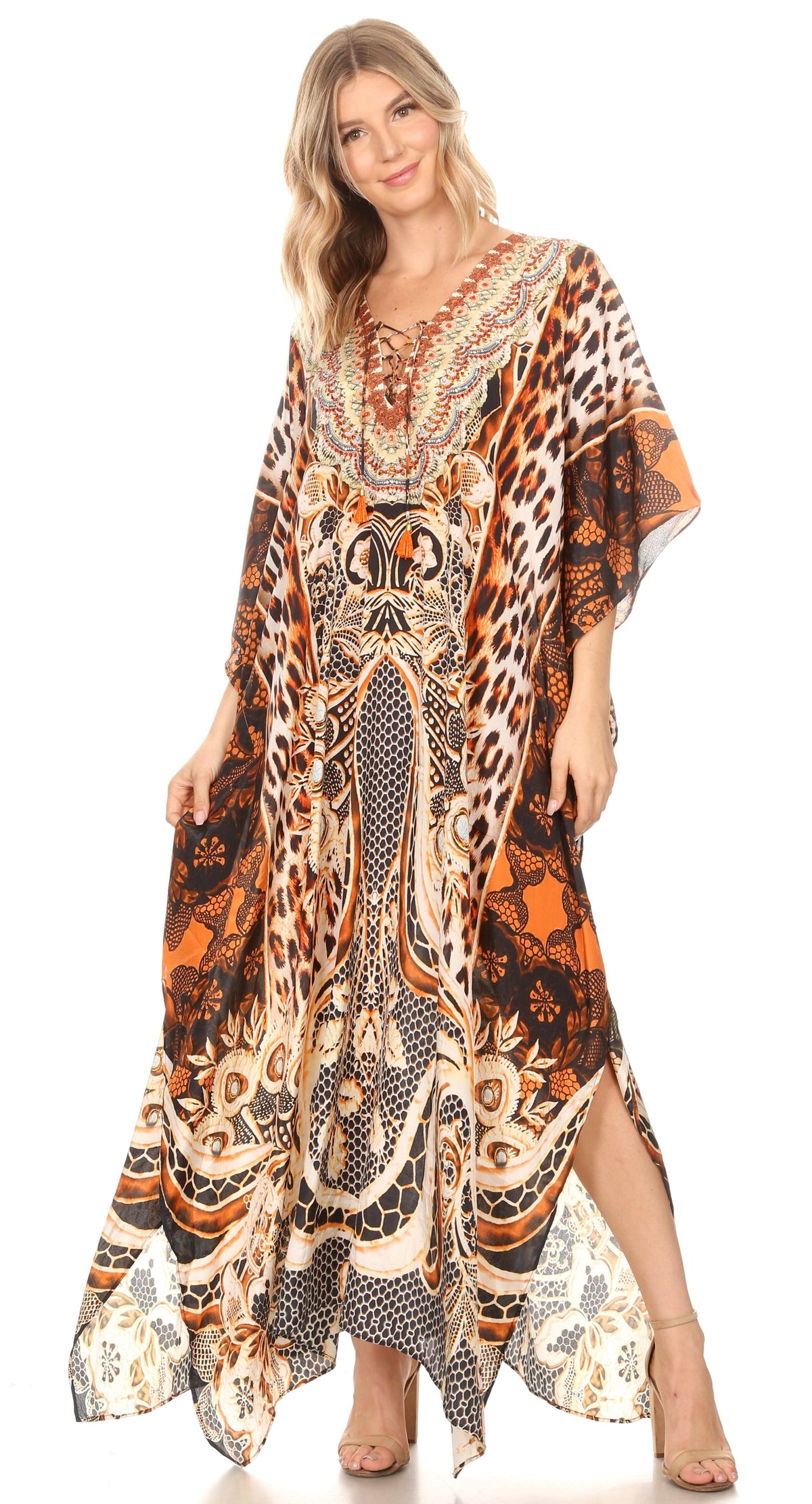Flowy Rhinestone V-Neck Caftan Dress