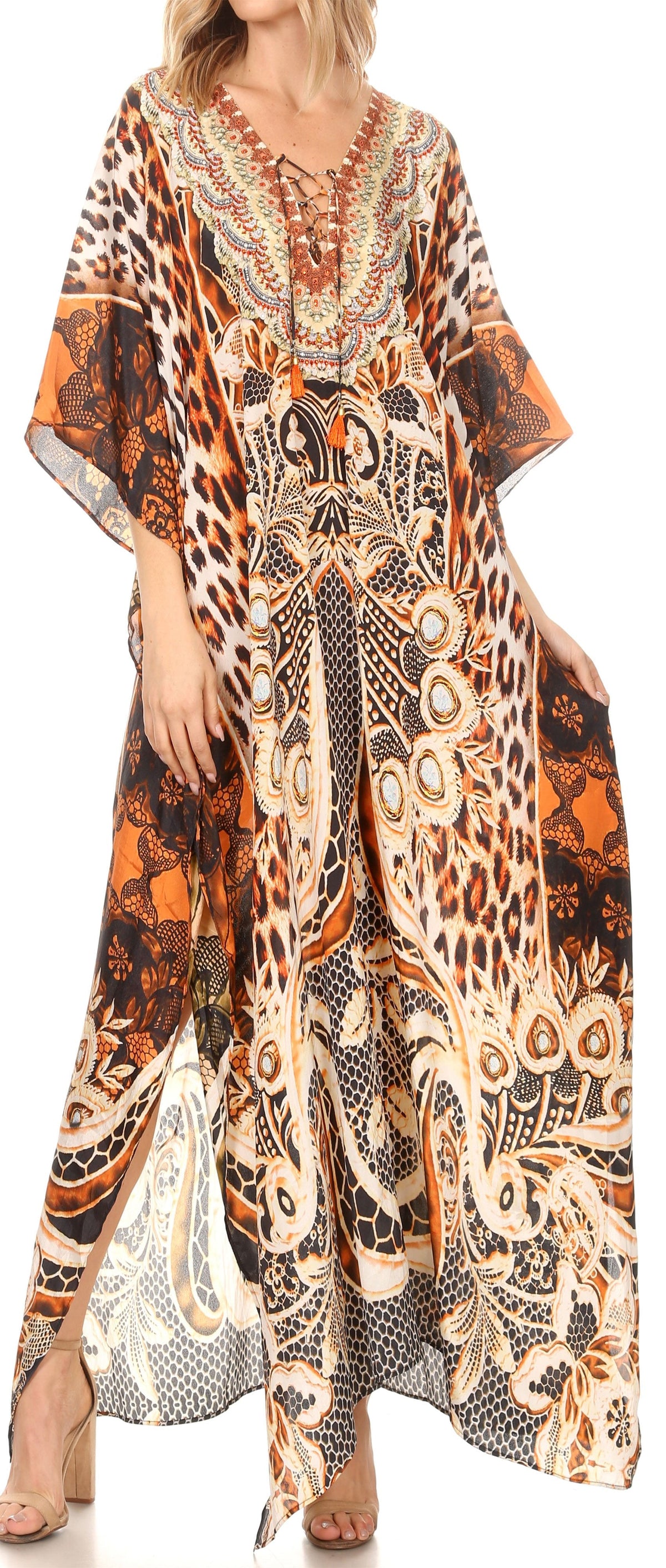 Flowy Rhinestone V-Neck Caftan Dress