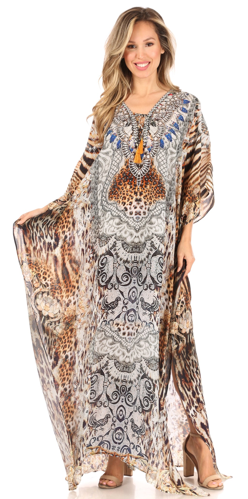Flowy Rhinestone V-Neck Caftan Dress