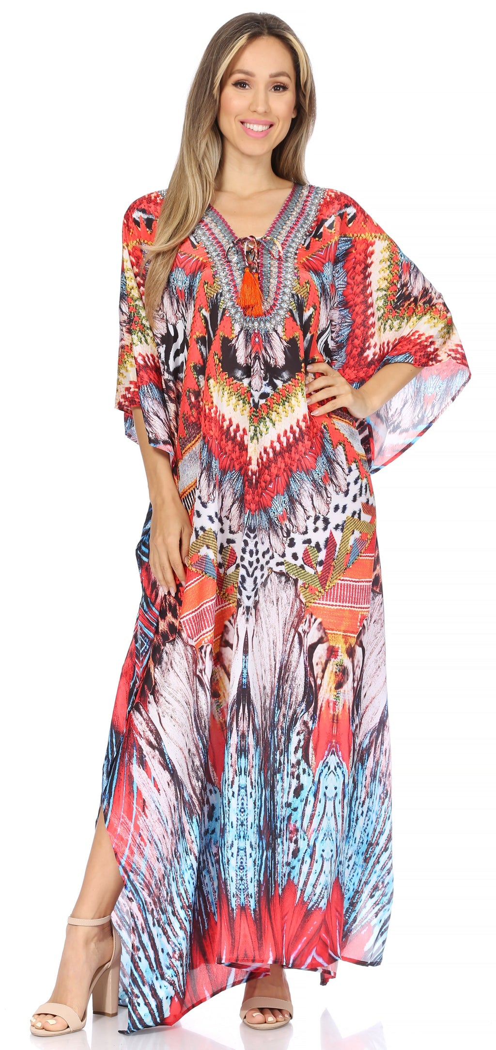Flowy Rhinestone V-Neck Caftan Dress