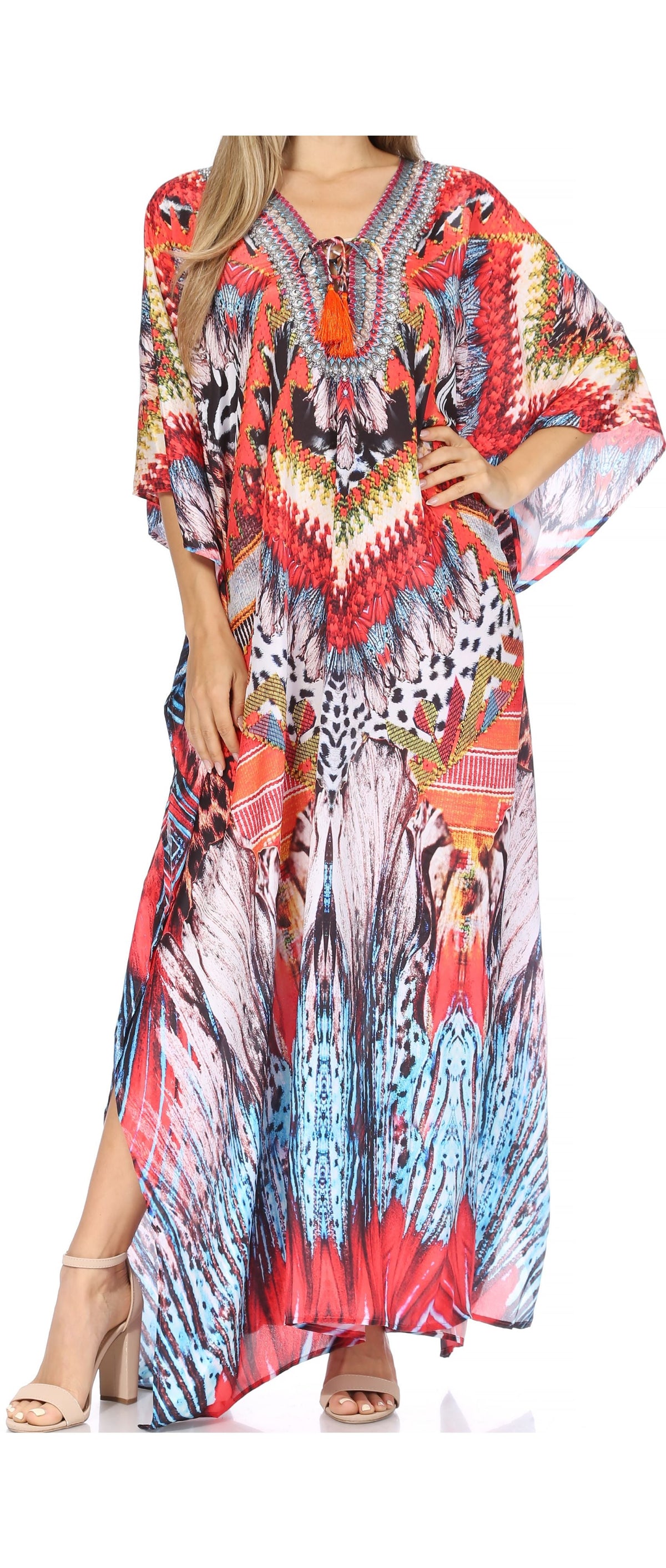 Flowy Rhinestone V-Neck Caftan Dress