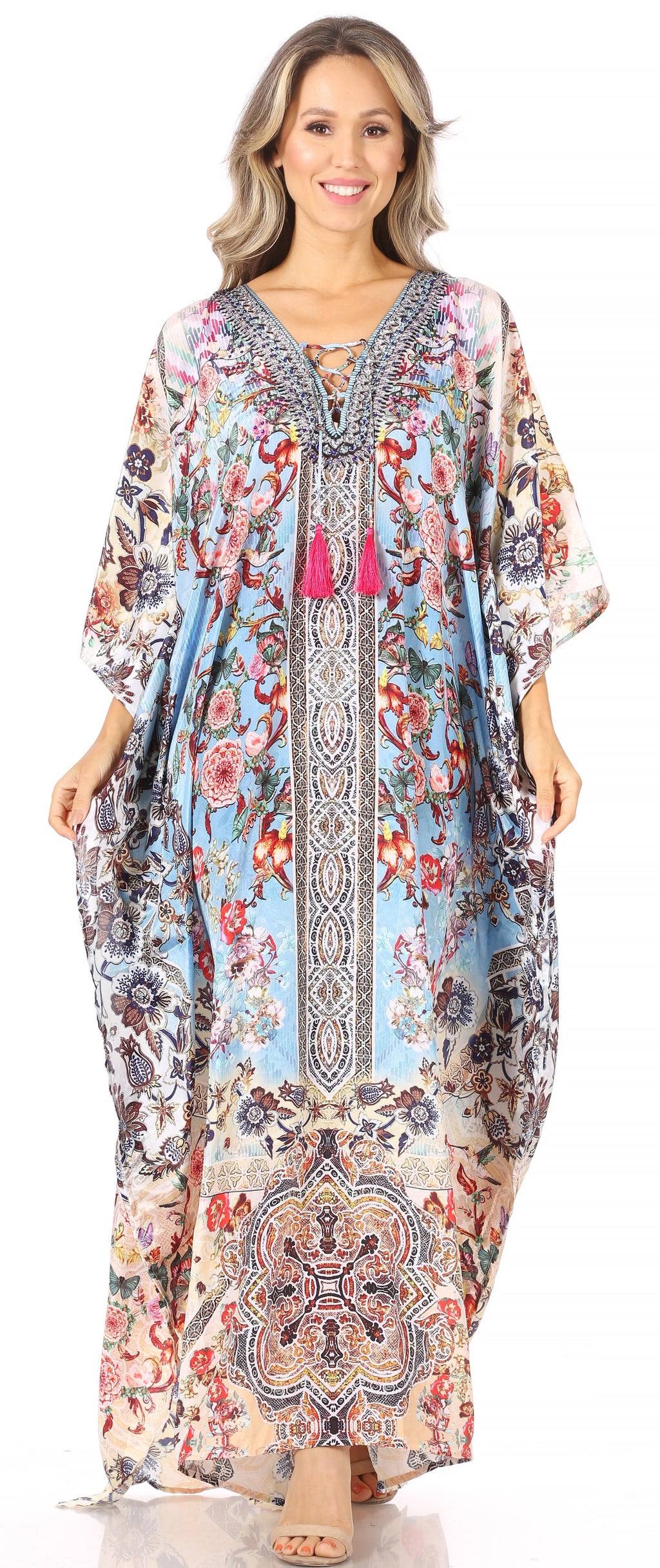 Flowy Rhinestone V-Neck Caftan Dress