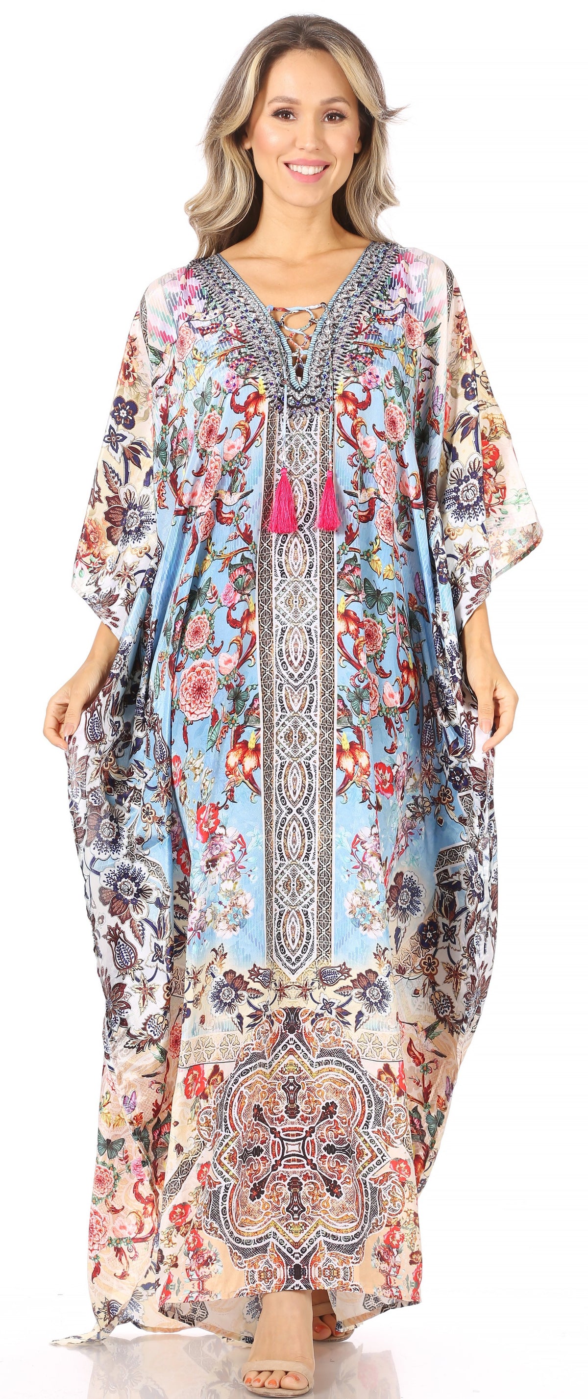 Flowy Rhinestone V-Neck Caftan Dress