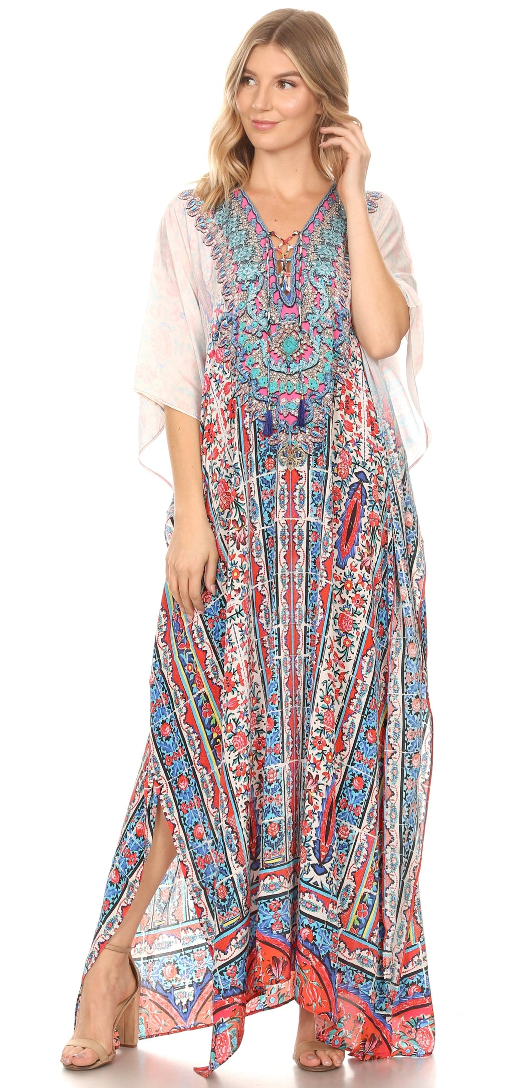 Flowy Rhinestone V-Neck Caftan Dress