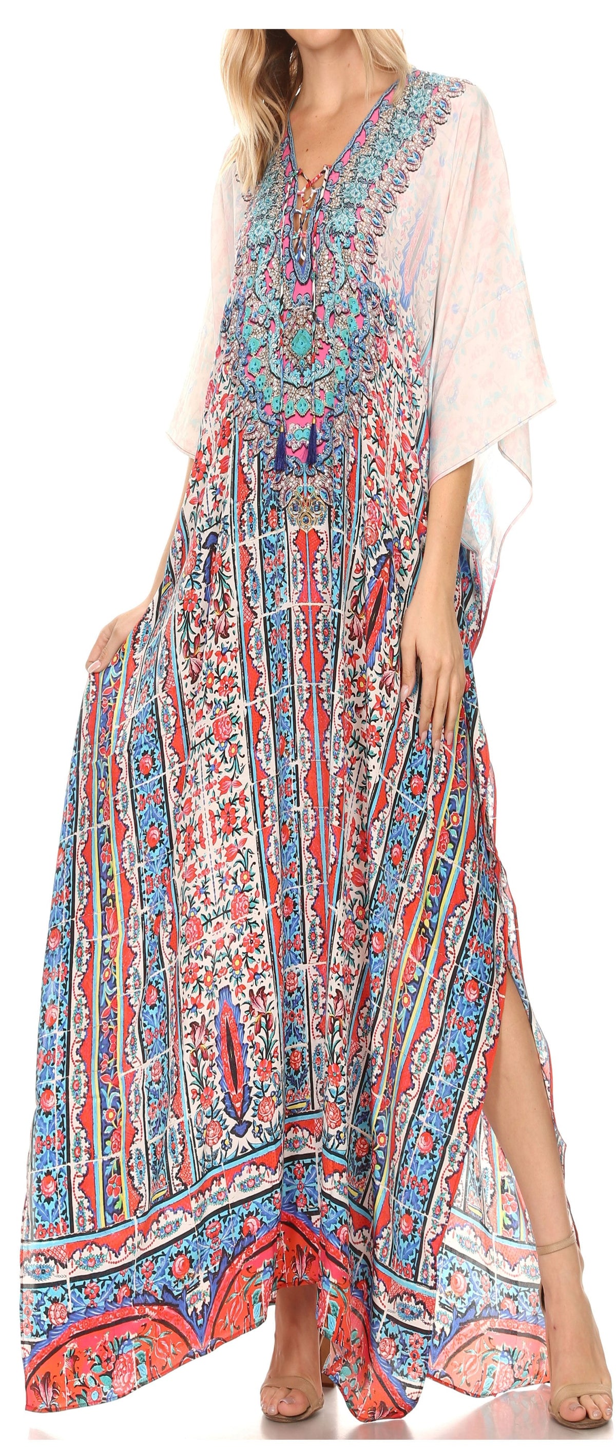 Flowy Rhinestone V-Neck Caftan Dress