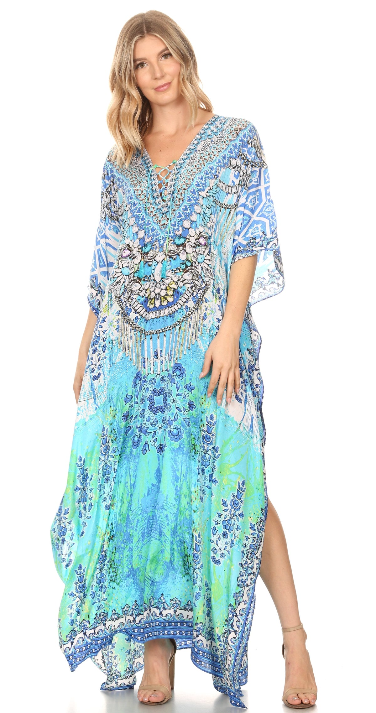Flowy Rhinestone V-Neck Caftan Dress
