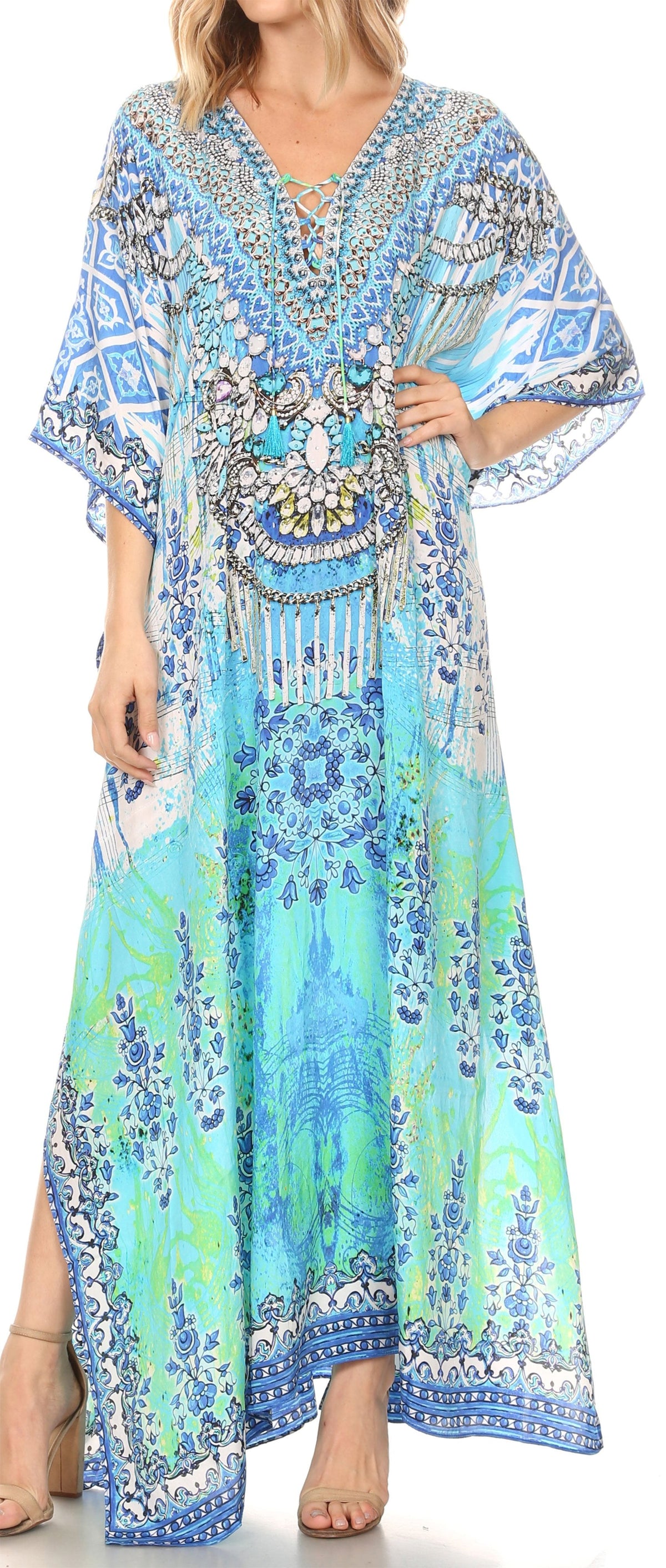 Flowy Rhinestone V-Neck Caftan Dress
