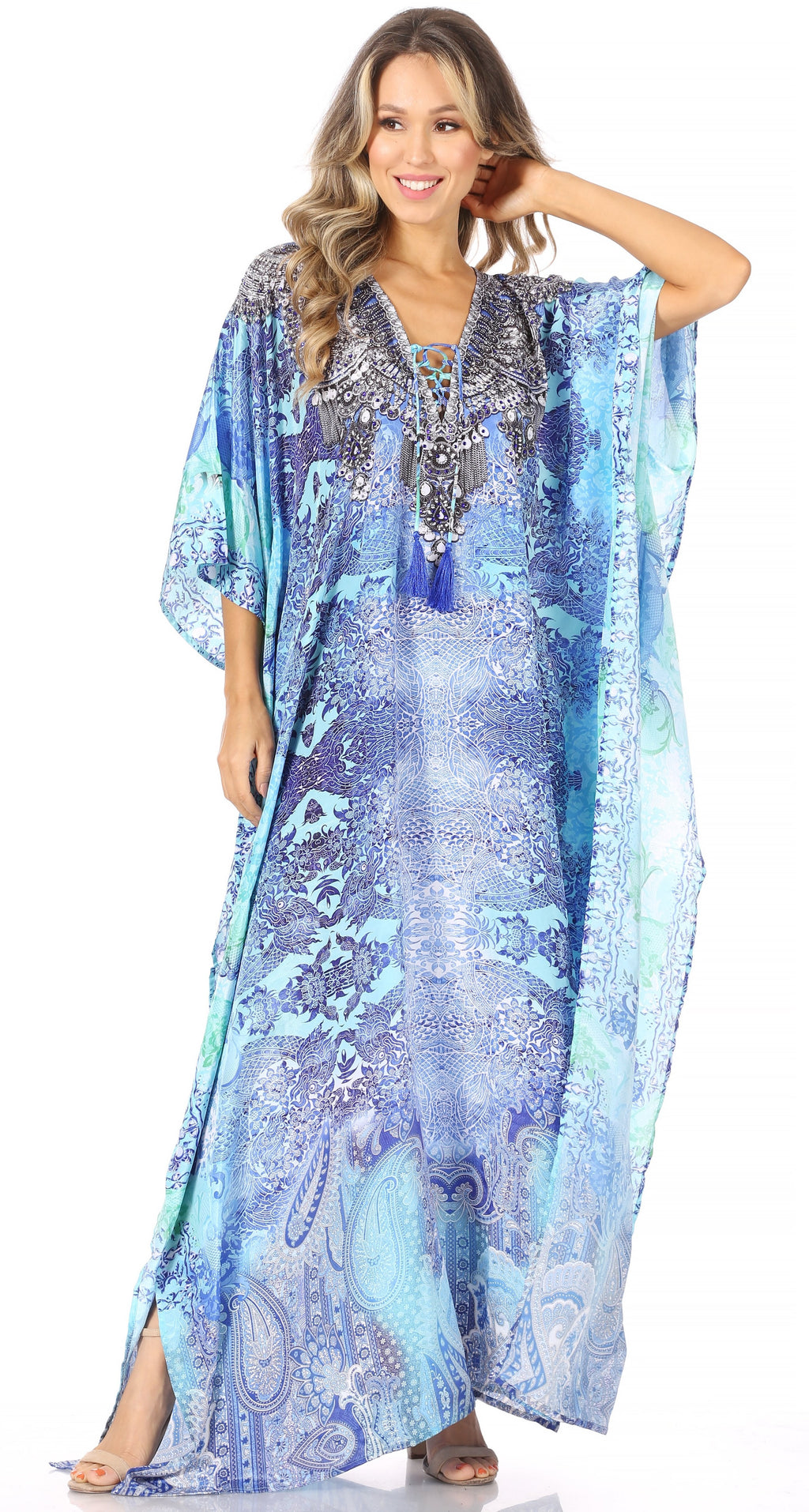 Flowy Rhinestone V-Neck Caftan Dress