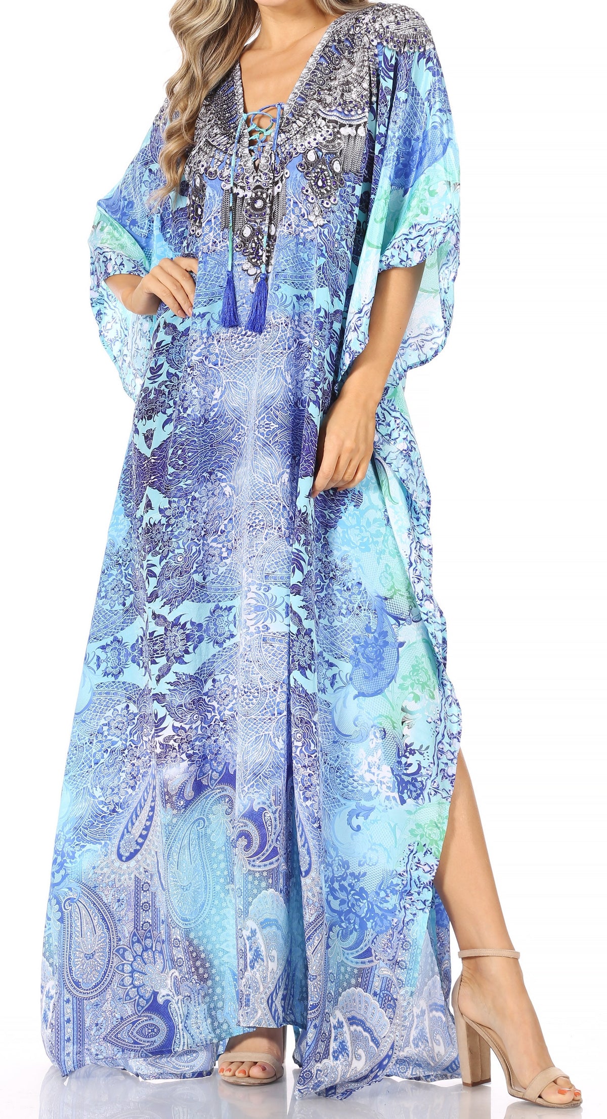 Flowy Rhinestone V-Neck Caftan Dress