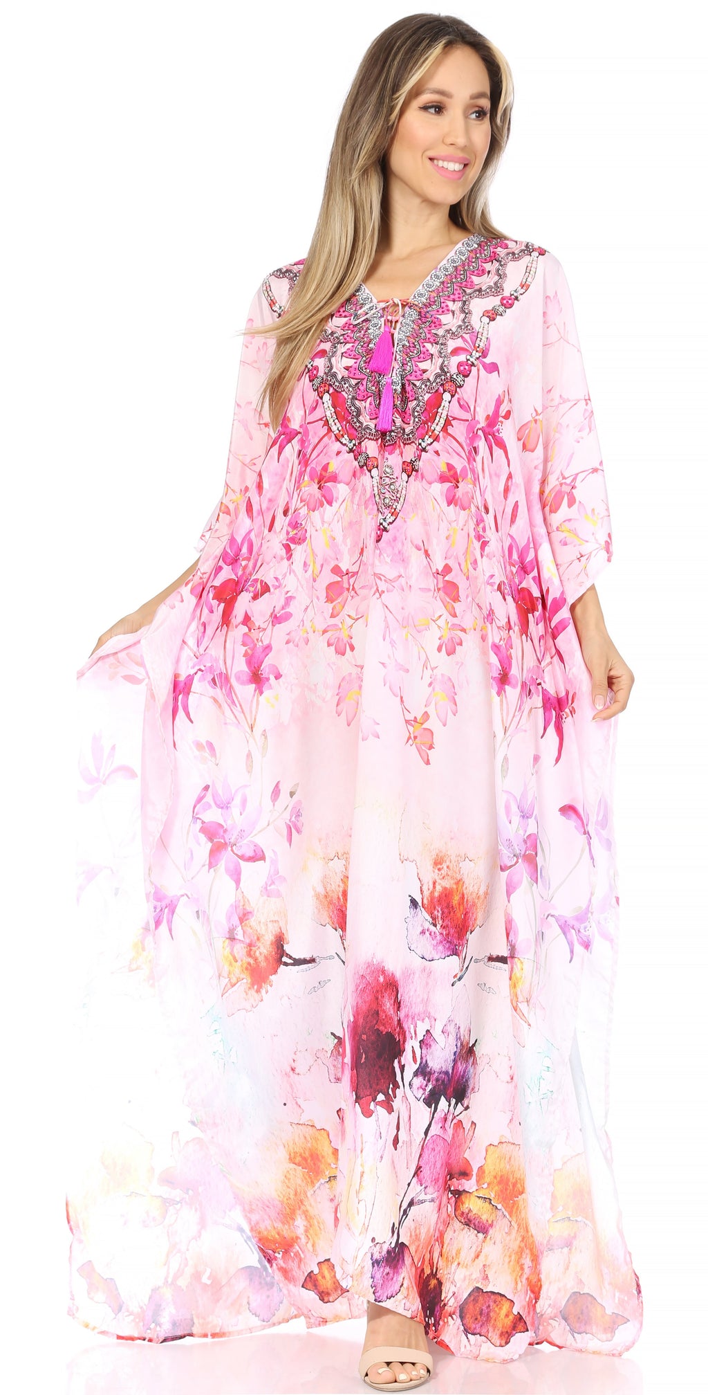 Flowy Rhinestone V-Neck Caftan Dress