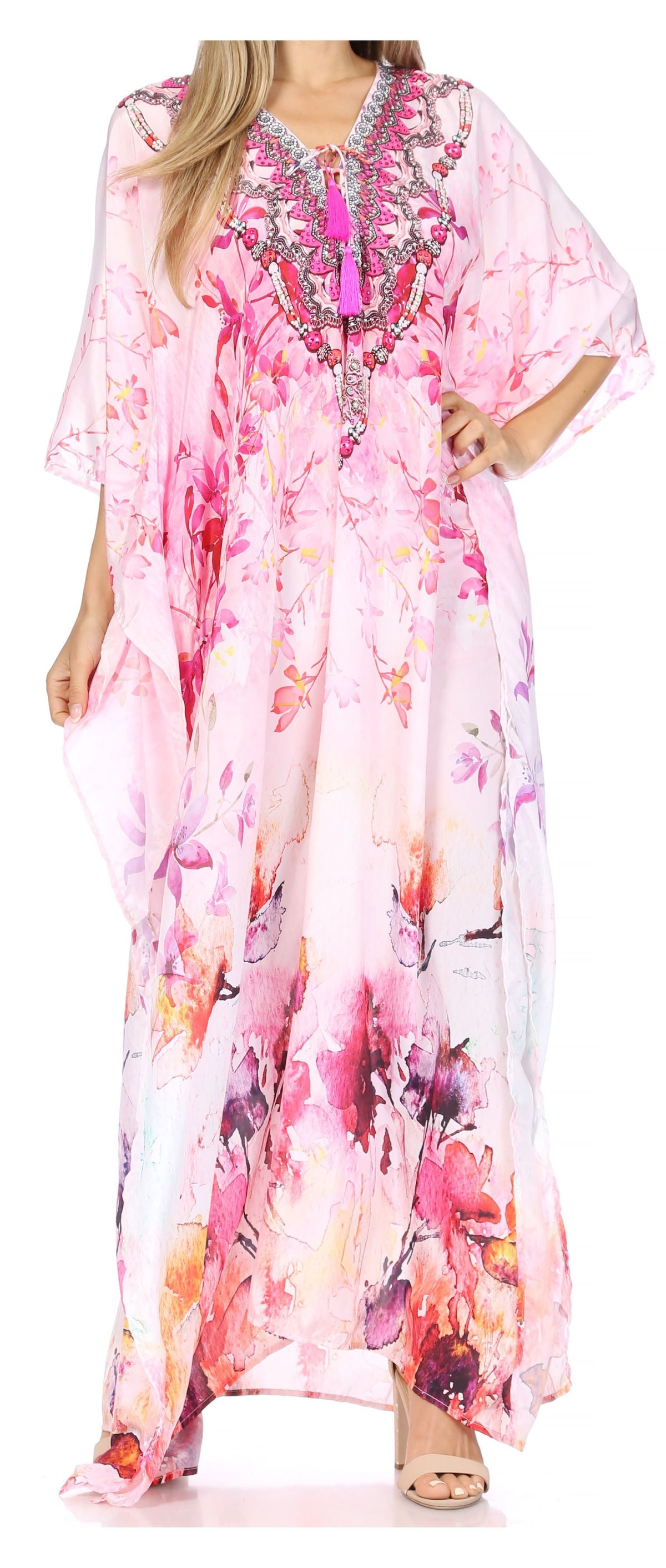 Flowy Rhinestone V-Neck Caftan Dress
