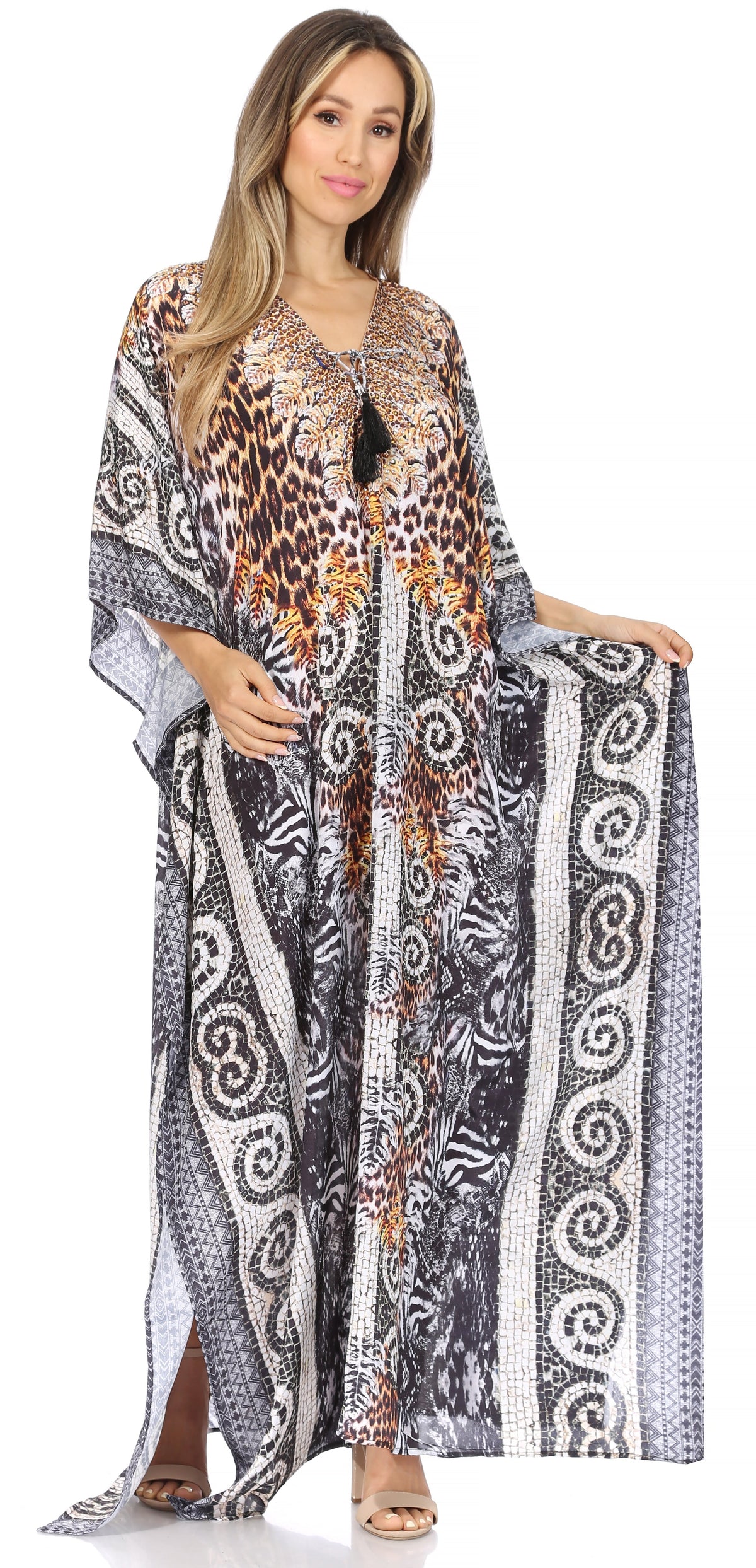 Flowy Rhinestone V-Neck Caftan Dress