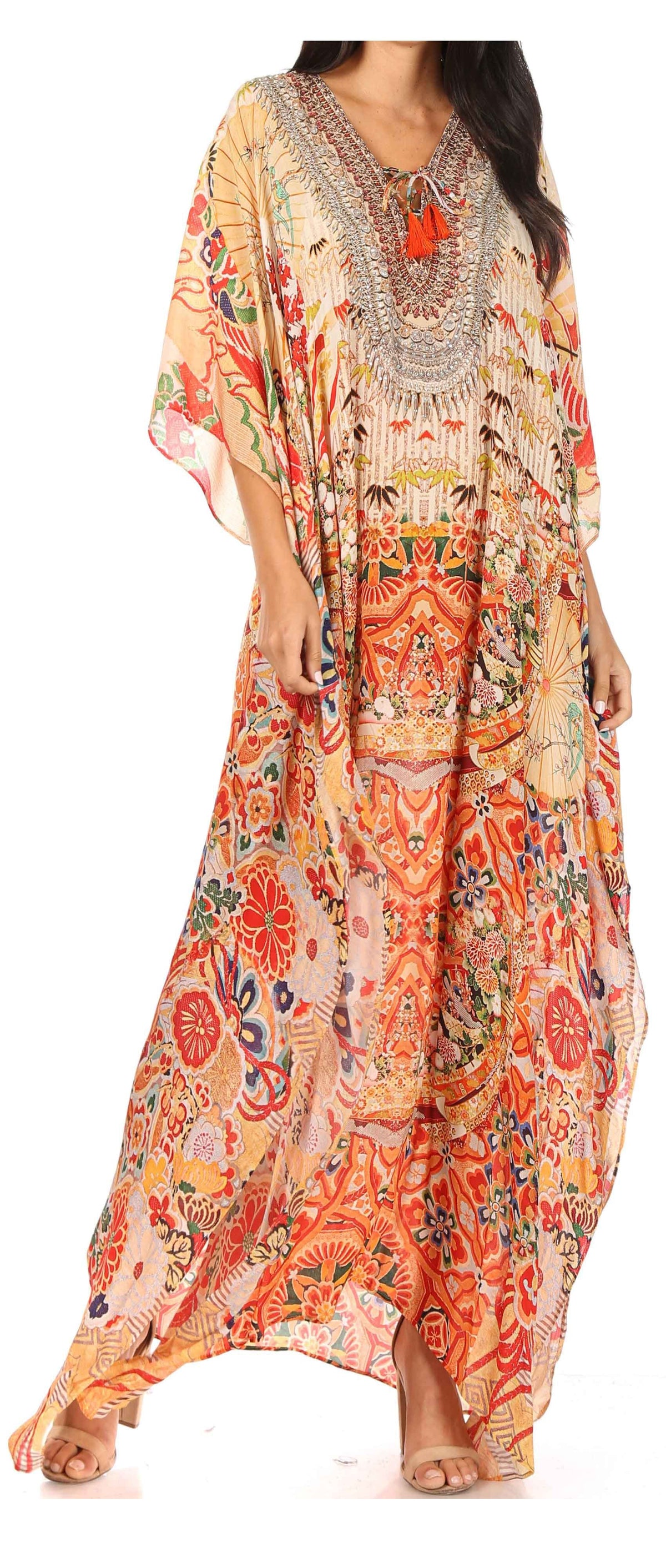 Flowy Rhinestone V-Neck Caftan Dress