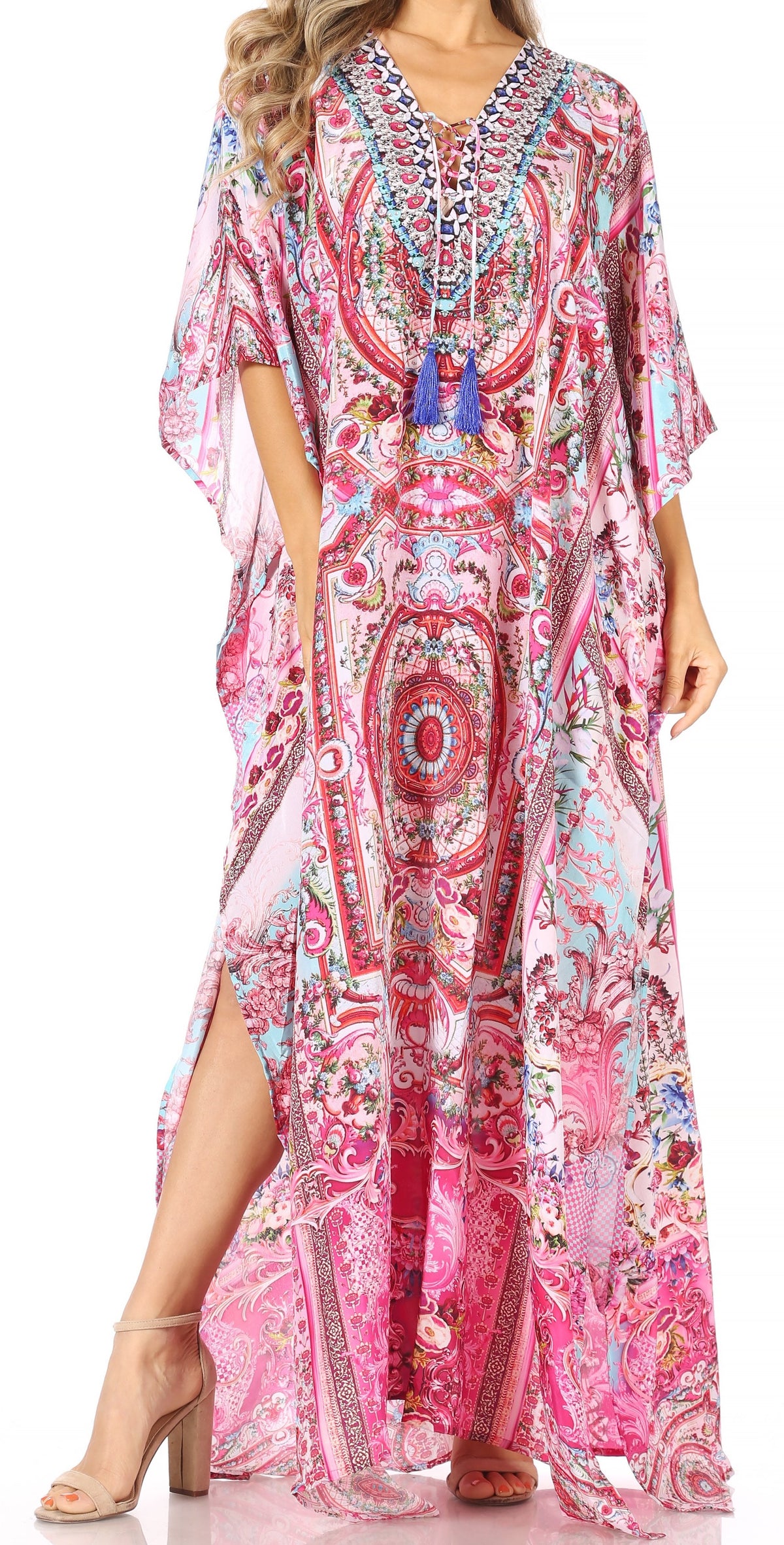 Flowy Rhinestone V-Neck Caftan Dress
