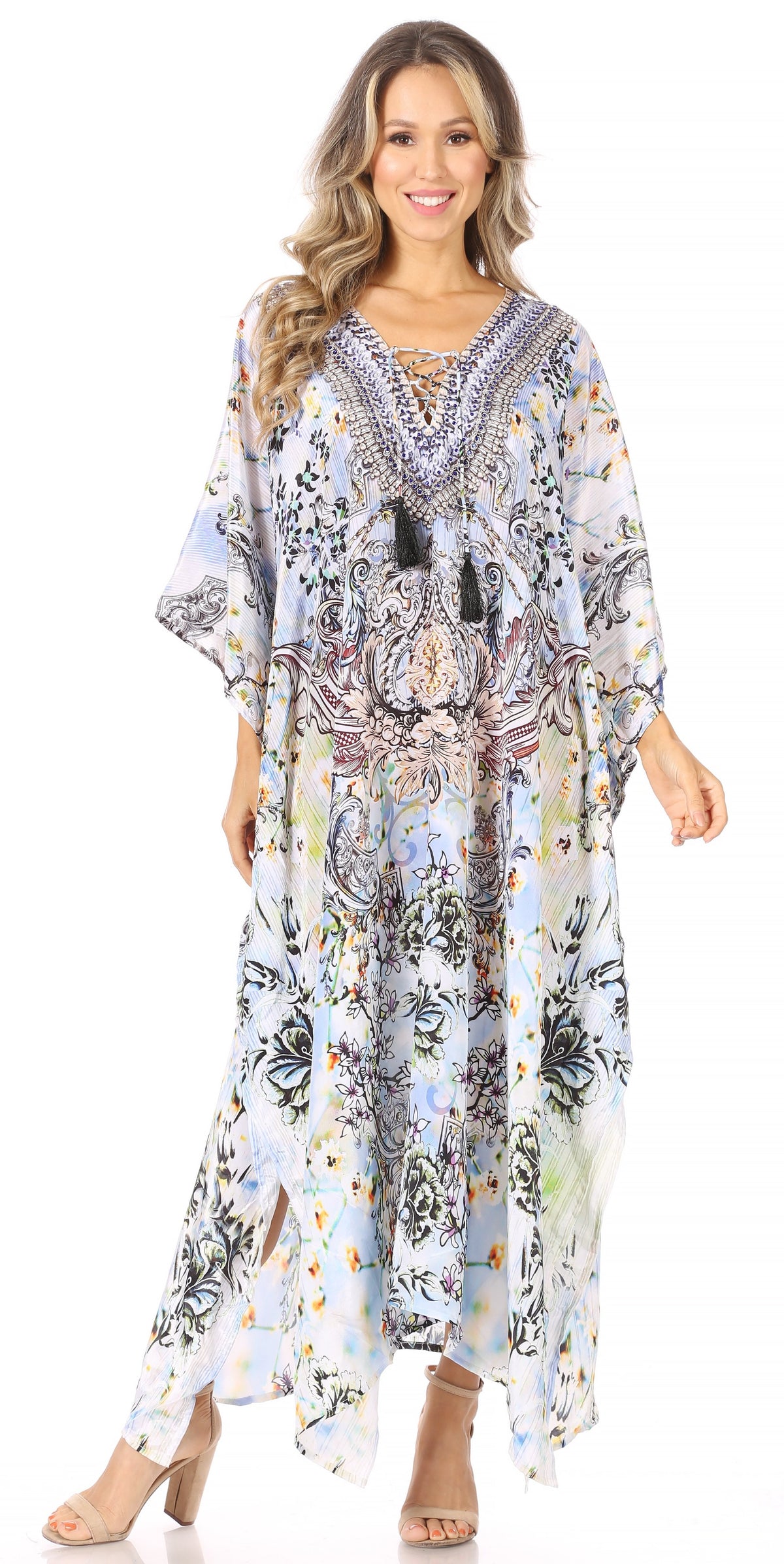 Flowy Rhinestone V-Neck Caftan Dress