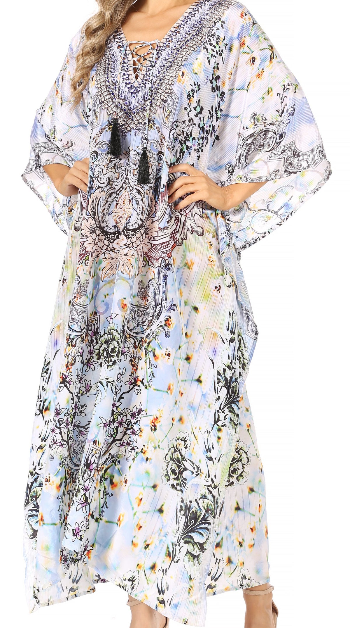 Flowy Rhinestone V-Neck Caftan Dress