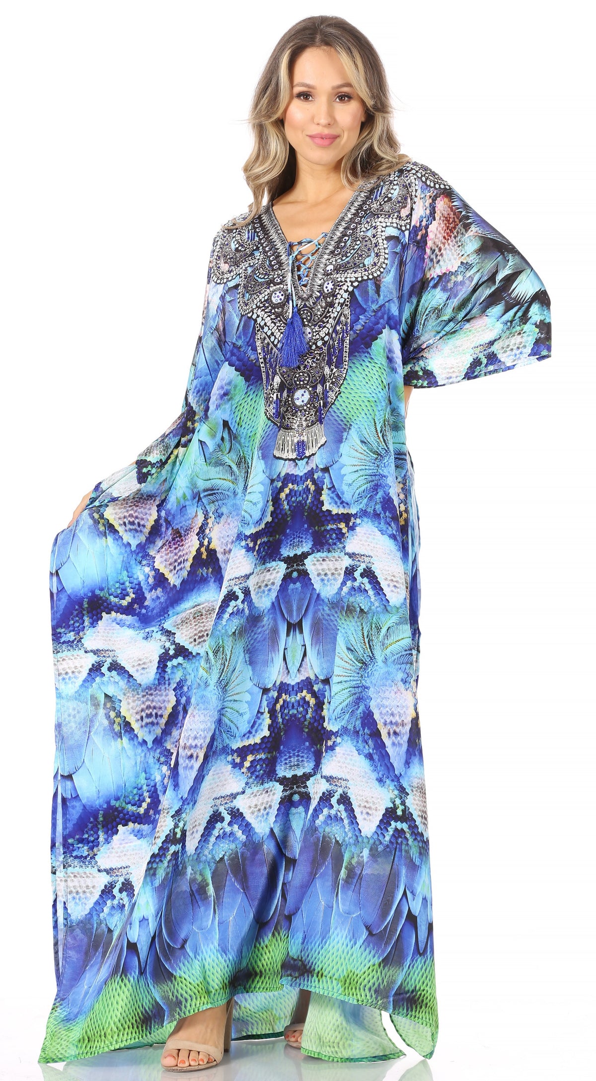 Flowy Rhinestone V-Neck Caftan Dress