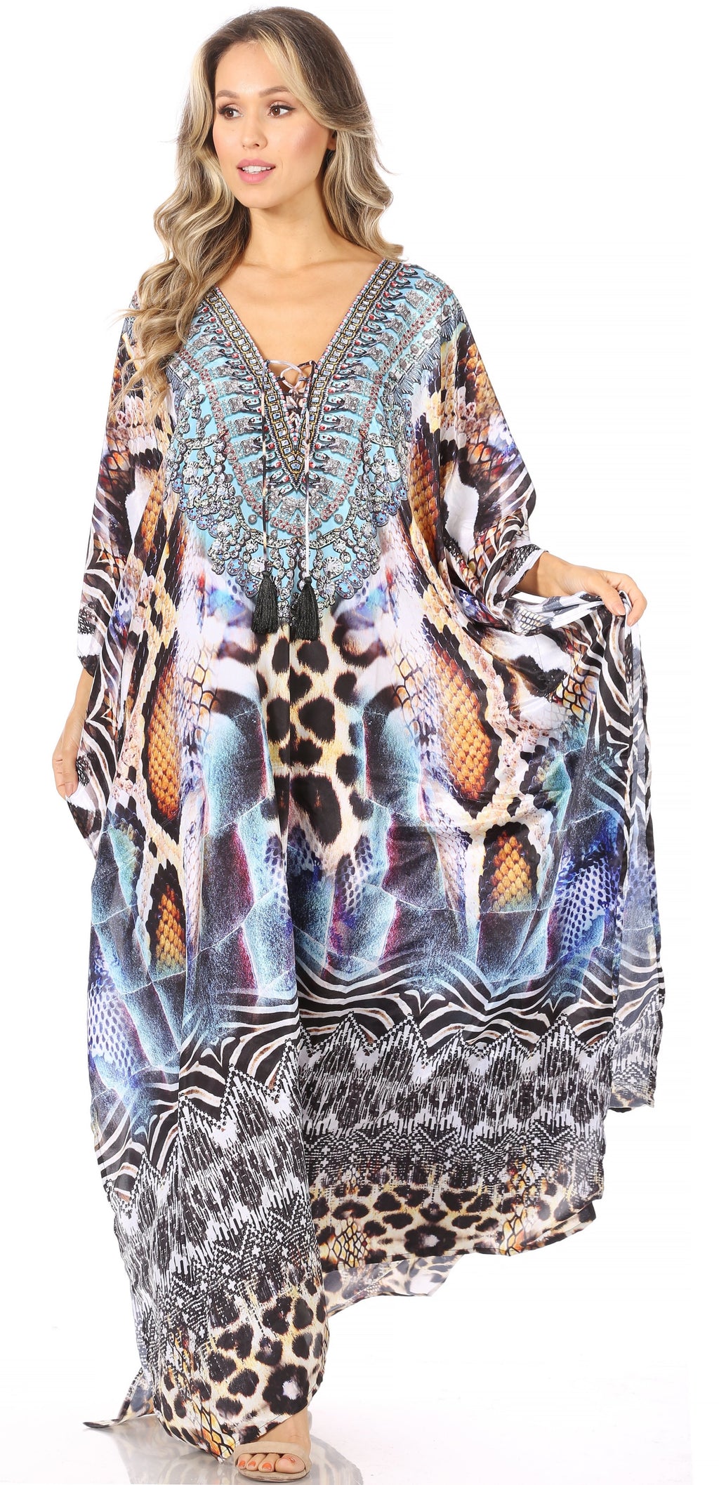 Flowy Rhinestone V-Neck Caftan Dress