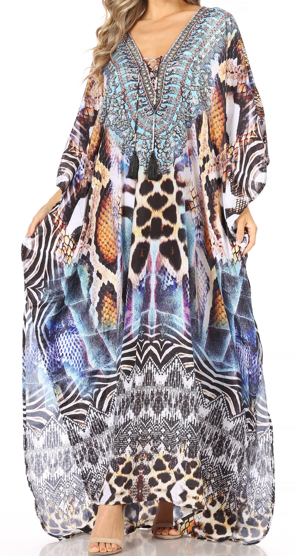 Flowy Rhinestone V-Neck Caftan Dress