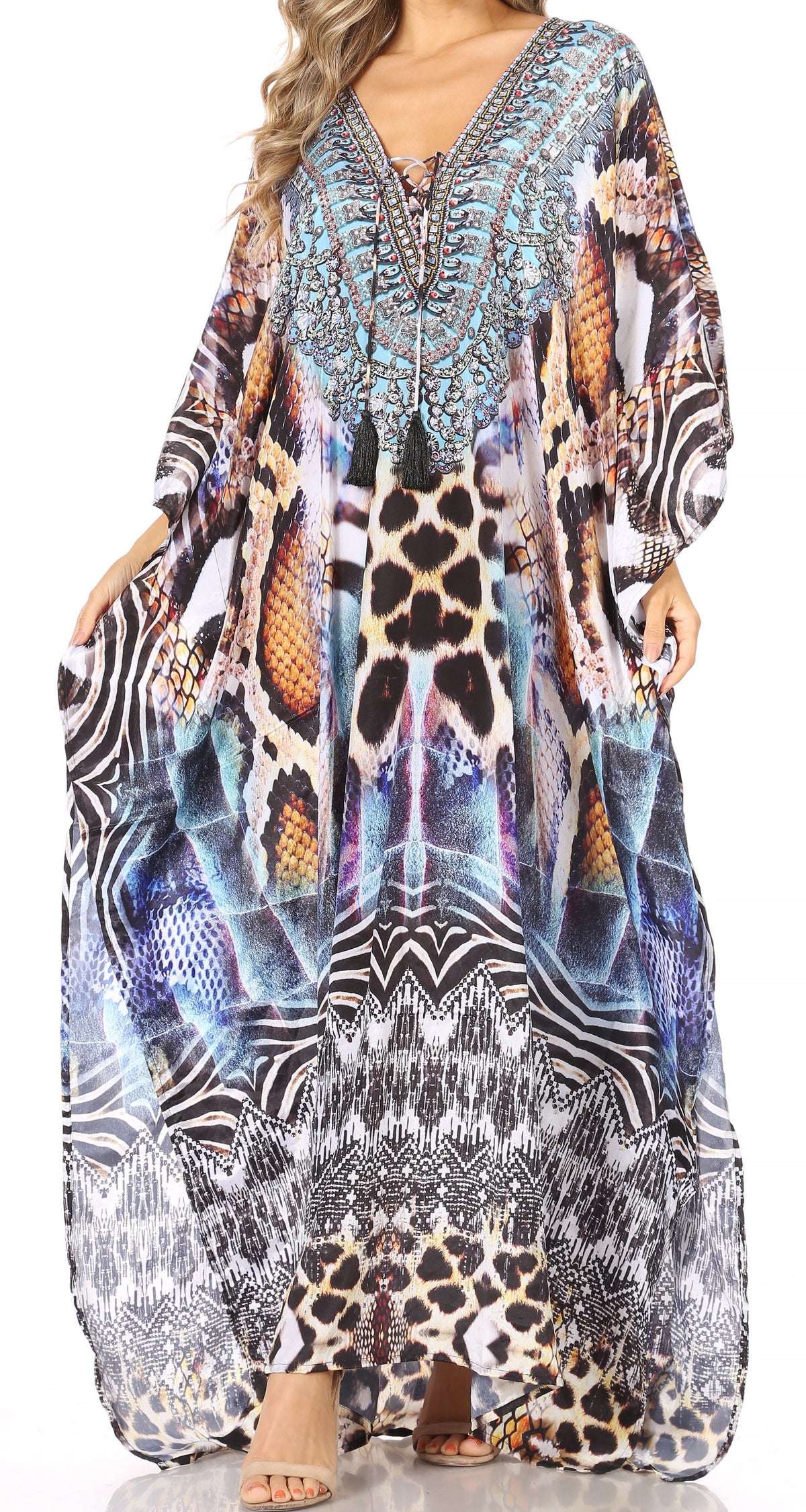 Flowy Rhinestone V-Neck Caftan Dress