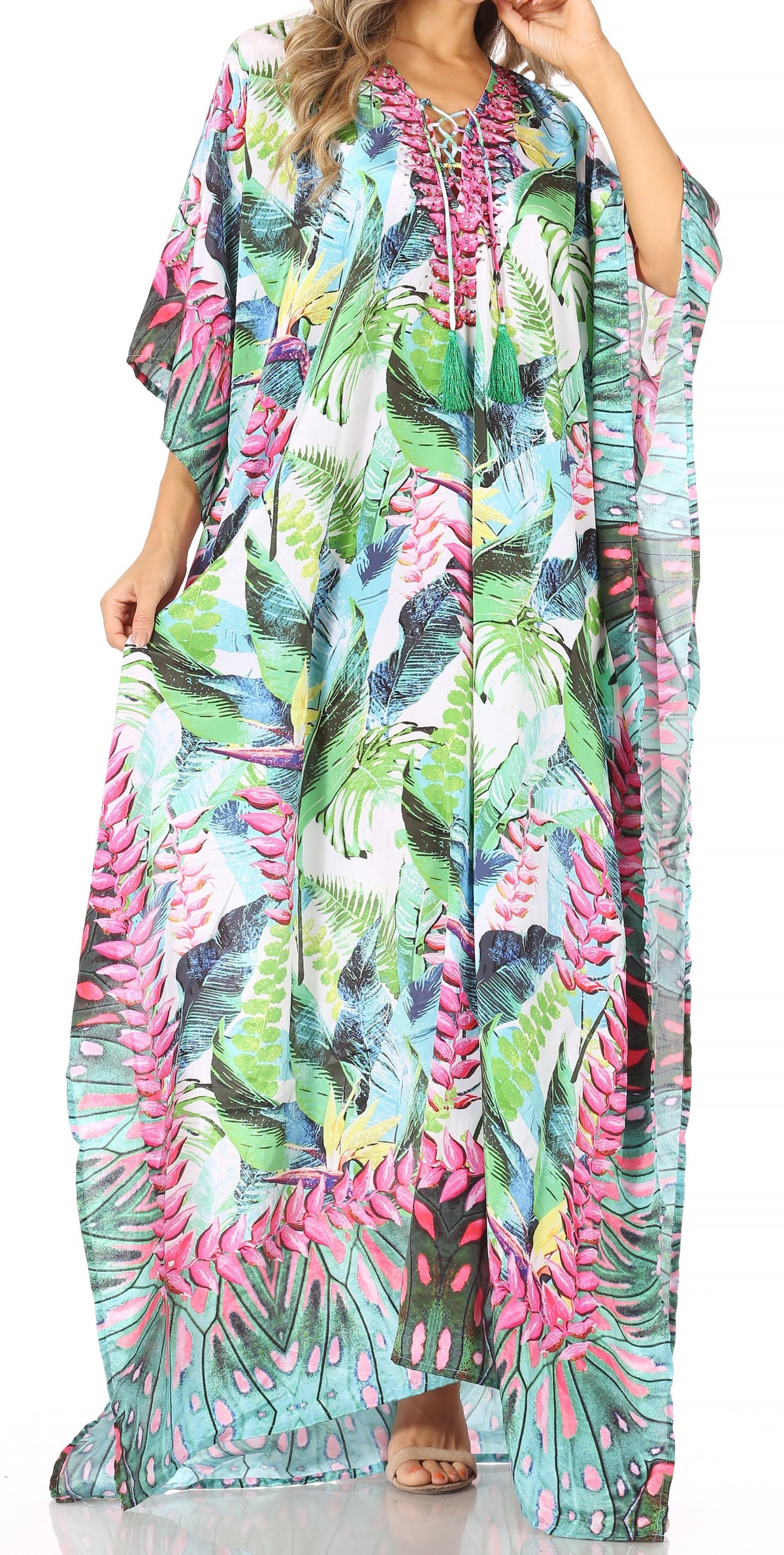 Flowy Rhinestone V-Neck Caftan Dress
